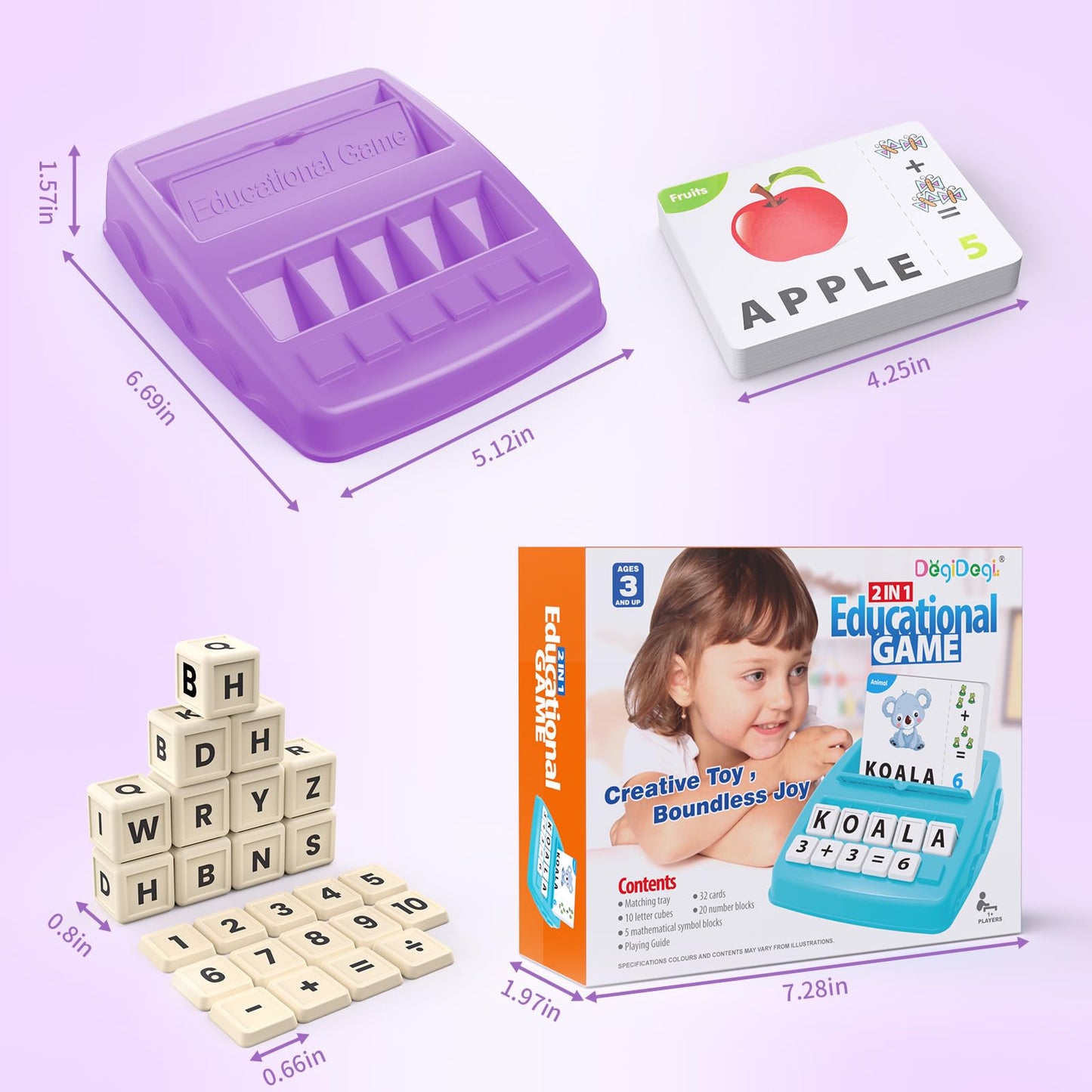 DEGIDEGI Matching Letter Games for Kids 4–8 | 2-in-1 Learning Toy (Purple)
