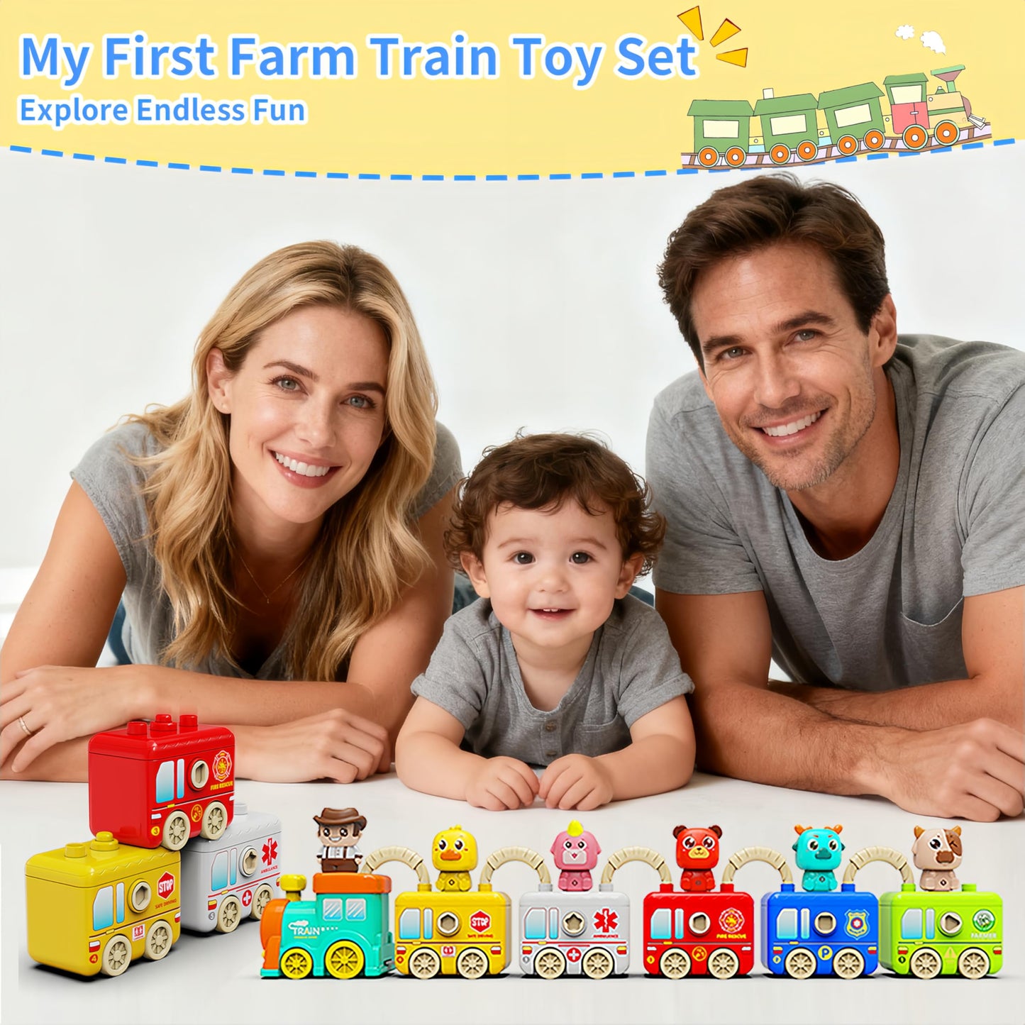 DEGIDEGI Montessori Train Toys for Toddlers – Lights & Sounds, 6 Vehicles, Lock & Key, Animal Puppets