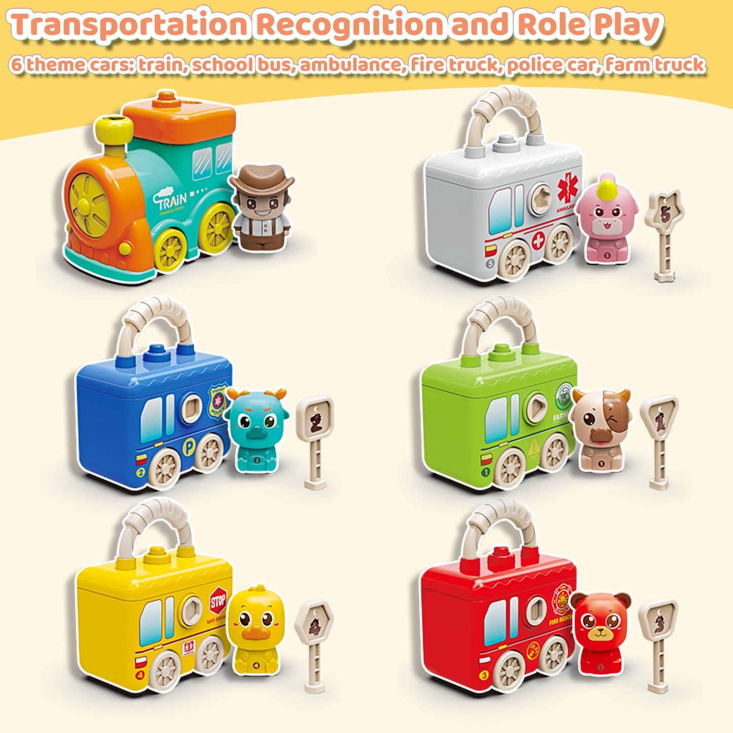 DEGIDEGI Montessori Train Toys for Toddlers – Lights & Sounds, 6 Vehicles, Lock & Key, Animal Puppets