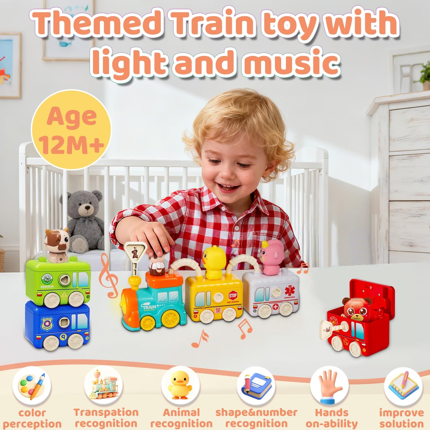 DEGIDEGI Montessori Train Toys for Toddlers – Lights & Sounds, 6 Vehicles, Lock & Key, Animal Puppets