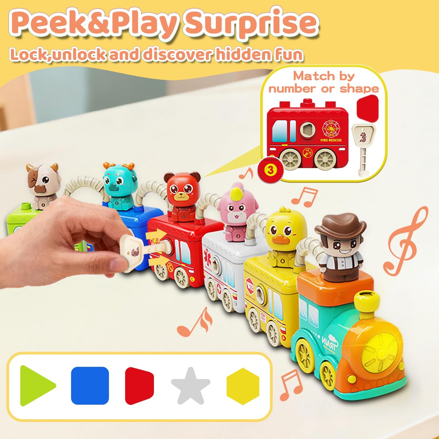 DEGIDEGI Montessori Train Toys for Toddlers – Lights & Sounds, 6 Vehicles, Lock & Key, Animal Puppets