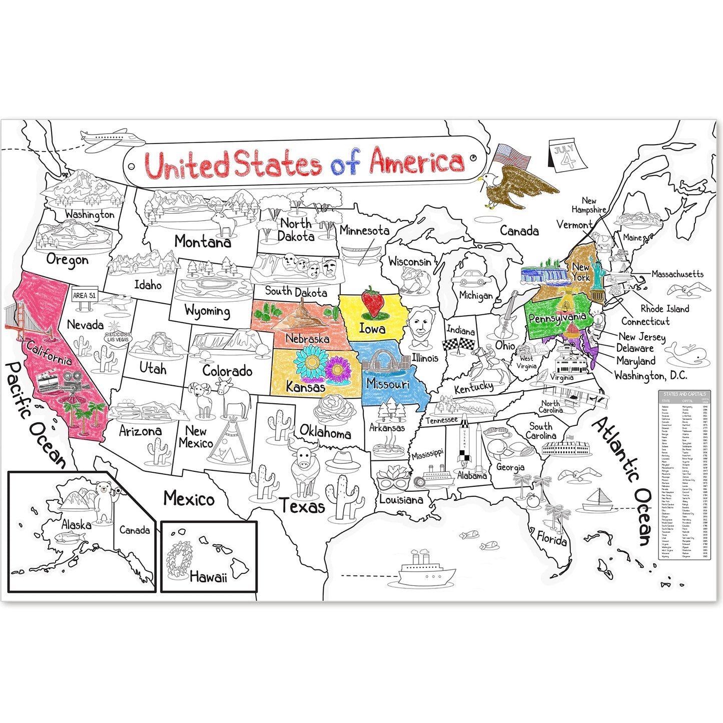 Dekali Designs US Map Coloring Poster – Giant 52x35 Inches for Kids (States & Capitals) – Folded
