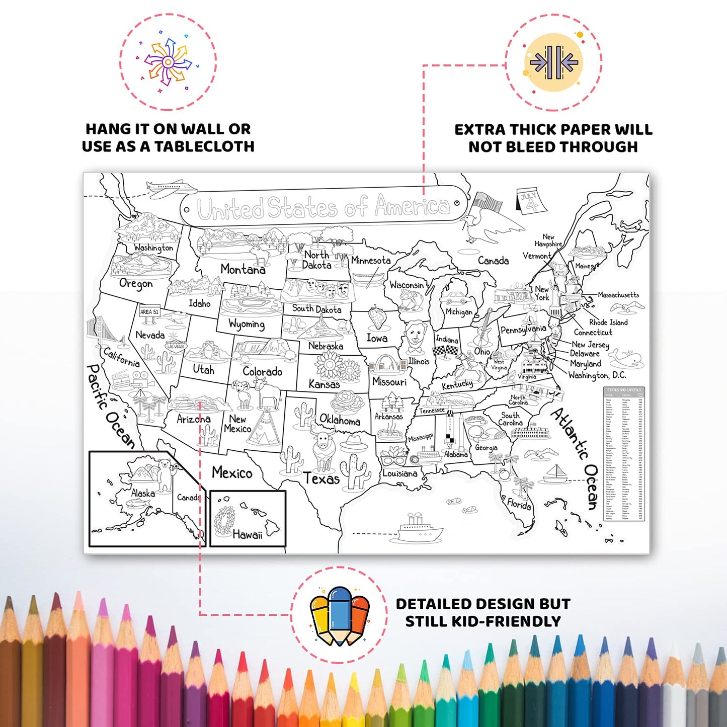 Dekali Designs US Map Coloring Poster – Giant 52x35 Inches for Kids (States & Capitals) – Folded