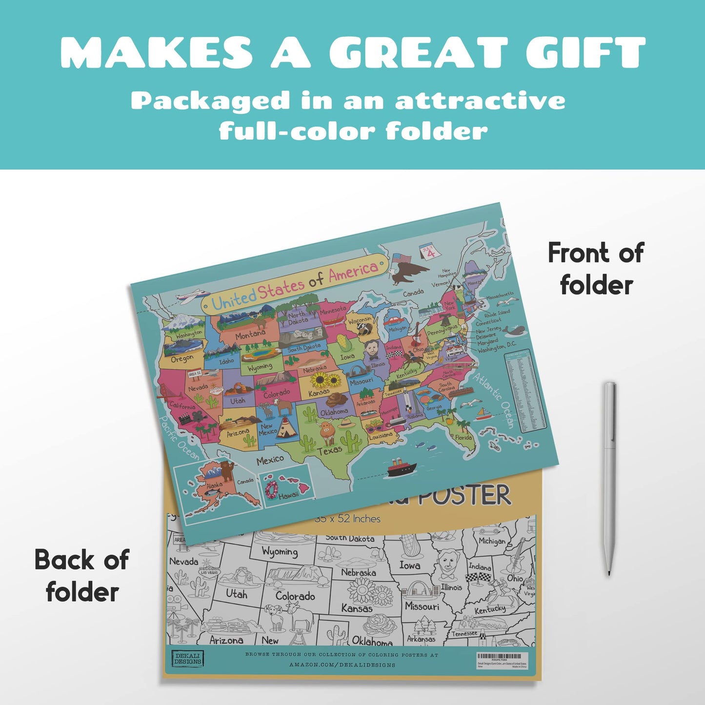 Dekali Designs US Map Coloring Poster – Giant 52x35 Inches for Kids (States & Capitals) – Folded
