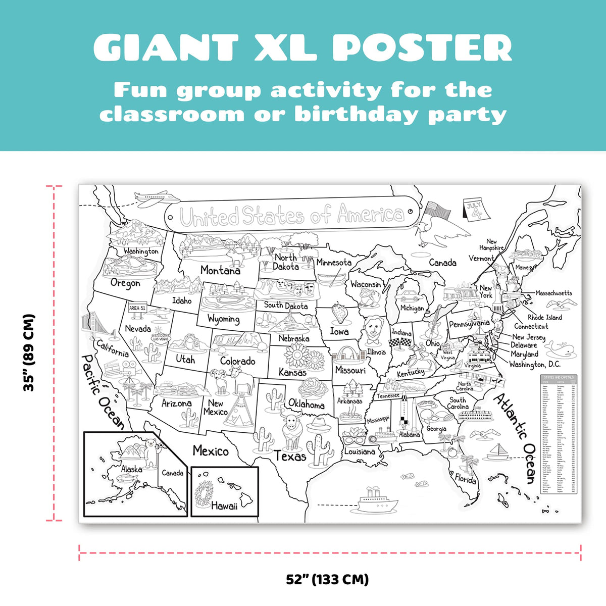 Dekali Designs US Map Coloring Poster – Giant 52x35 Inches for Kids (States & Capitals) – Folded