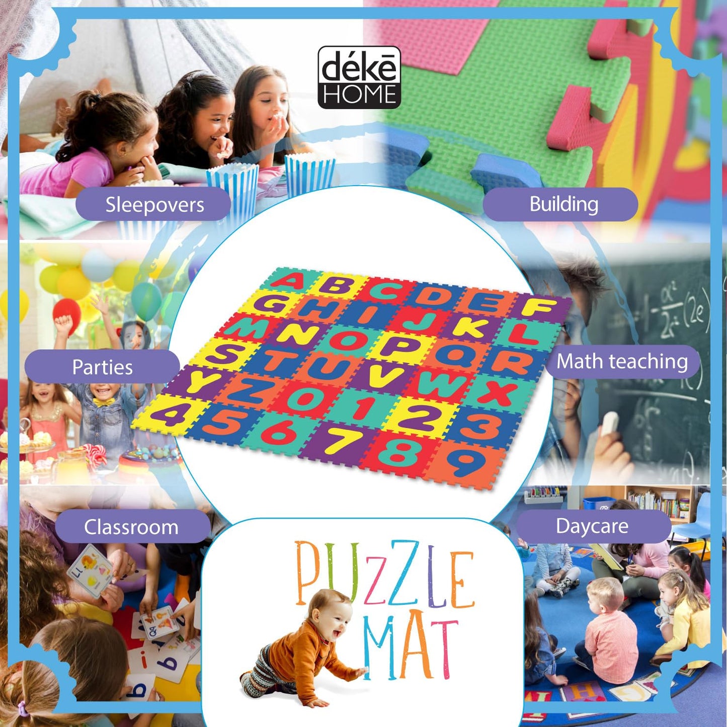 Deke Home Alphabet Foam Play Mat – 72x72 in, 36 Interlocking Tiles (Letters & Numbers)
