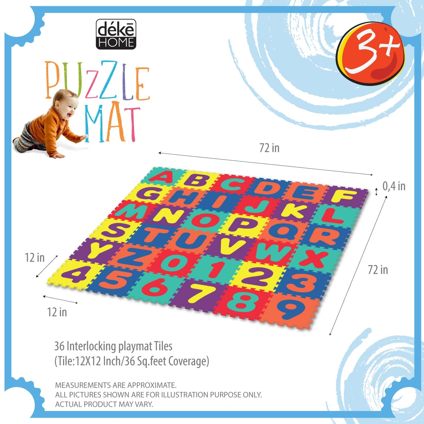 Deke Home Alphabet Foam Play Mat – 72x72 in, 36 Interlocking Tiles (Letters & Numbers)