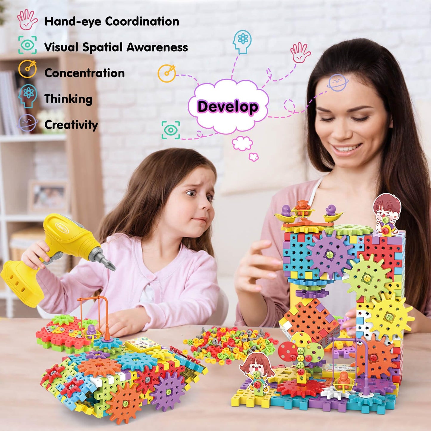DEKILEA 234-Piece Gear Building Set with Electric Drill – STEM Blocks for Kids 3+