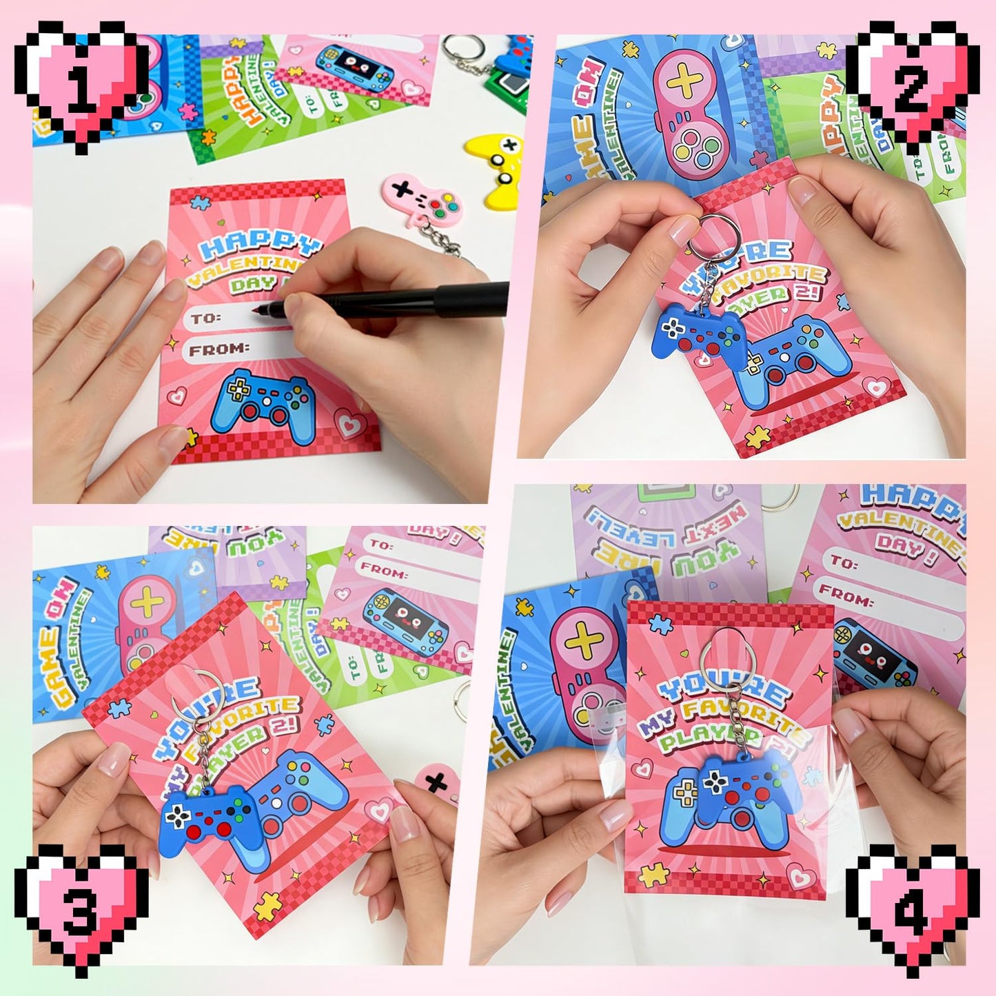 DEKWELL 24-Pack Valentines Cards for Kids with Video Game Keychains — Classroom Exchange Gifts