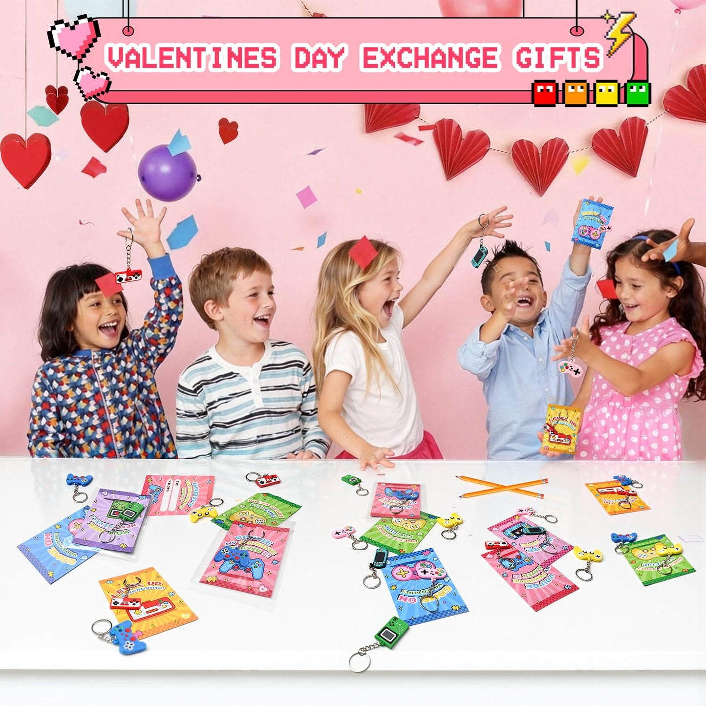 DEKWELL 24-Pack Valentines Cards for Kids with Video Game Keychains — Classroom Exchange Gifts