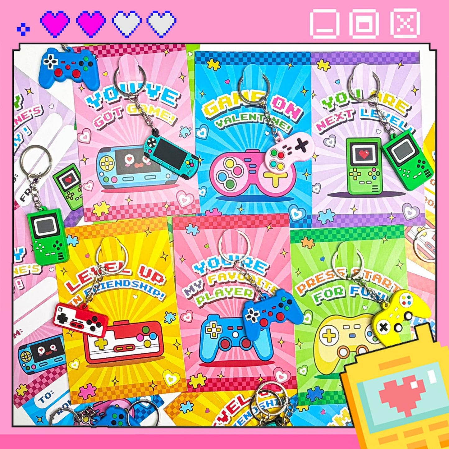 DEKWELL 24-Pack Valentines Cards for Kids with Video Game Keychains — Classroom Exchange Gifts