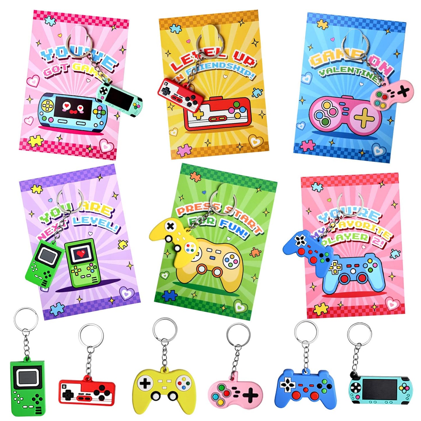 DEKWELL 24-Pack Valentines Cards for Kids with Video Game Keychains — Classroom Exchange Gifts