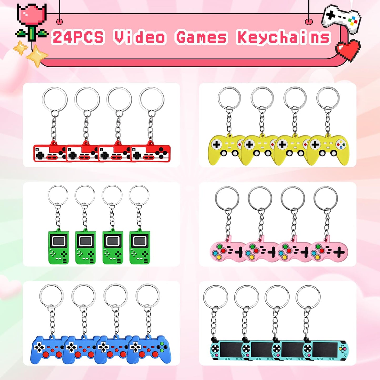 DEKWELL 24-Pack Valentines Cards for Kids with Video Game Keychains — Classroom Exchange Gifts
