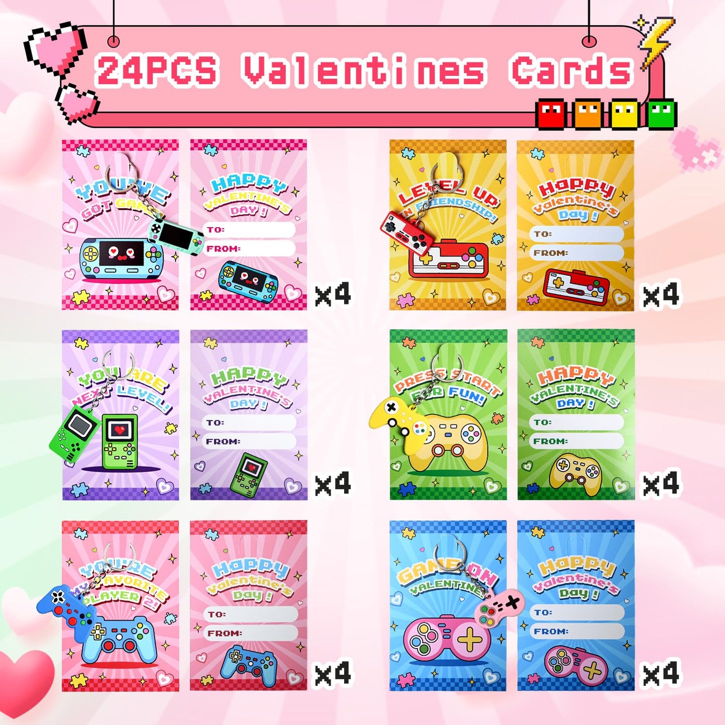 DEKWELL 24-Pack Valentines Cards for Kids with Video Game Keychains — Classroom Exchange Gifts