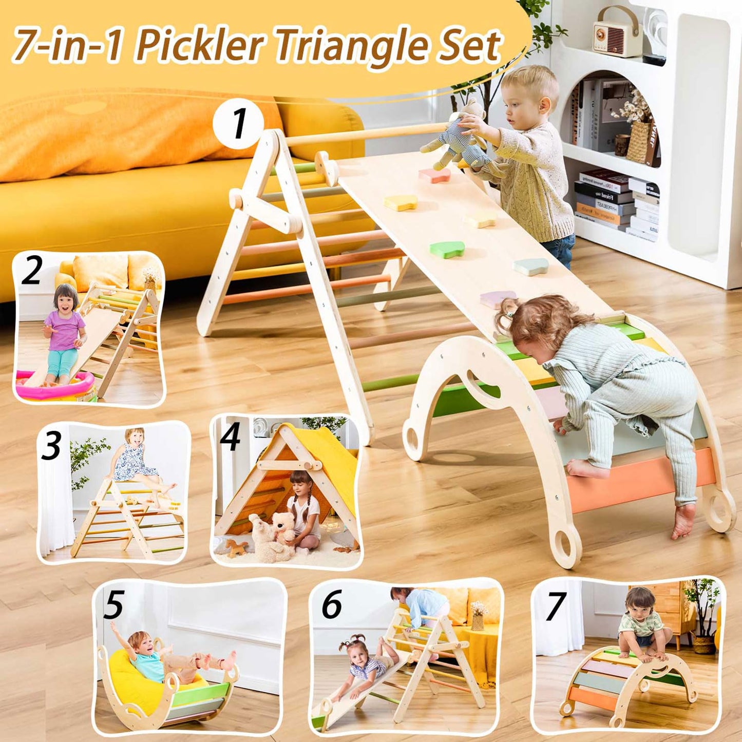 Deli 7-in-1 Pikler Triangle Set – Large Indoor Climber for Toddlers