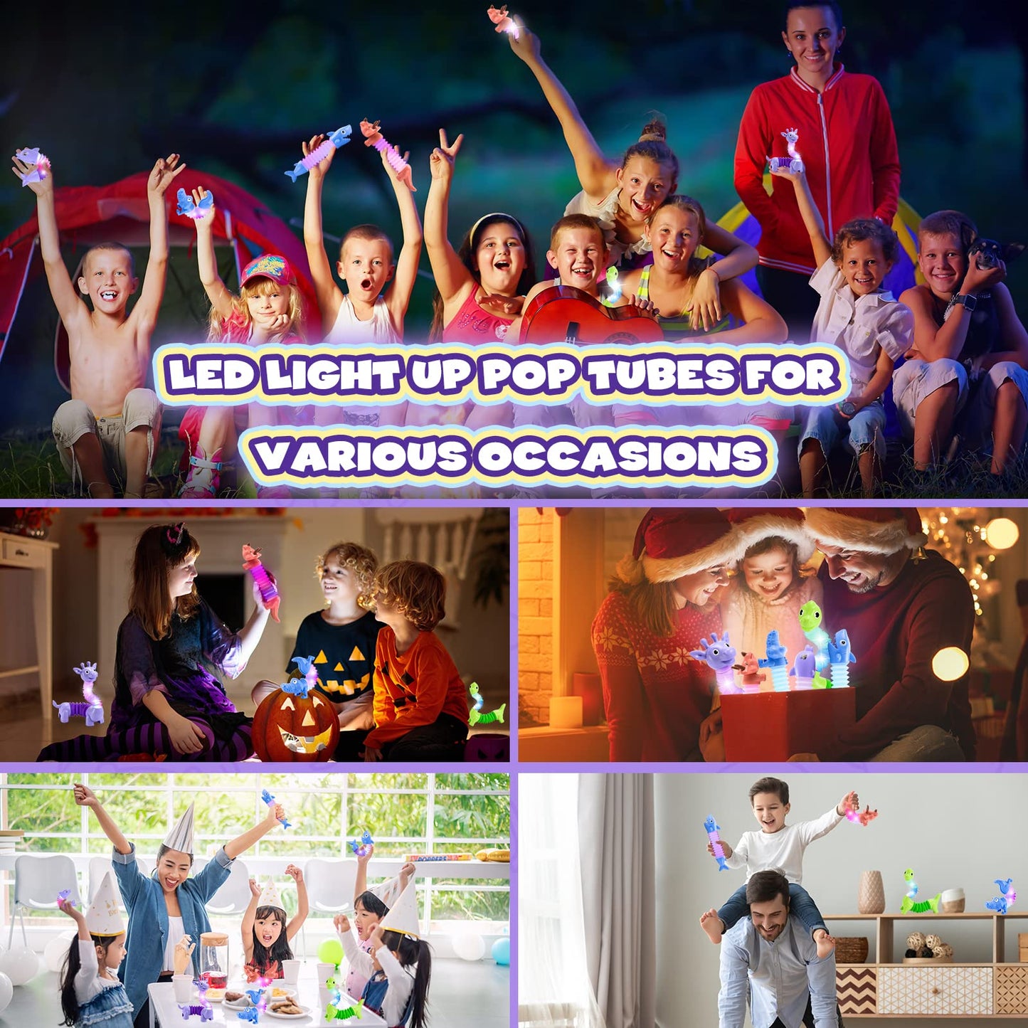 Delighkidz 6-Pack LED Animal Pop Tubes - Sensory Fidget Toys for Toddlers Aged 3-8
