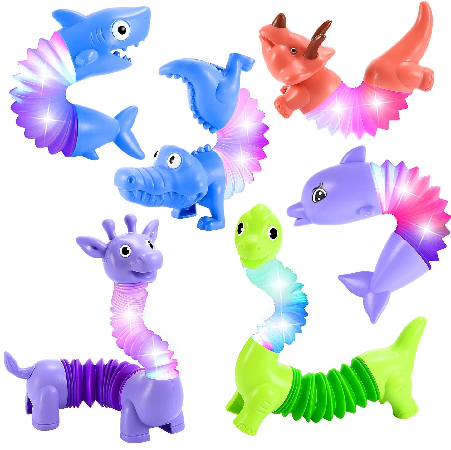 Delighkidz 6-Pack LED Animal Pop Tubes - Sensory Fidget Toys for Toddlers Aged 3-8
