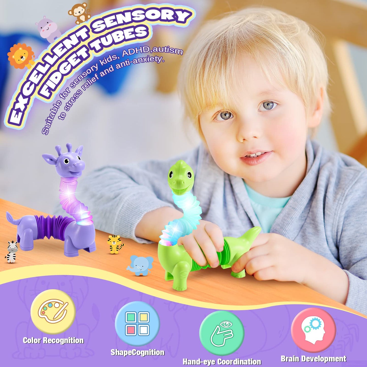 Delighkidz 6-Pack LED Animal Pop Tubes - Sensory Fidget Toys for Toddlers Aged 3-8