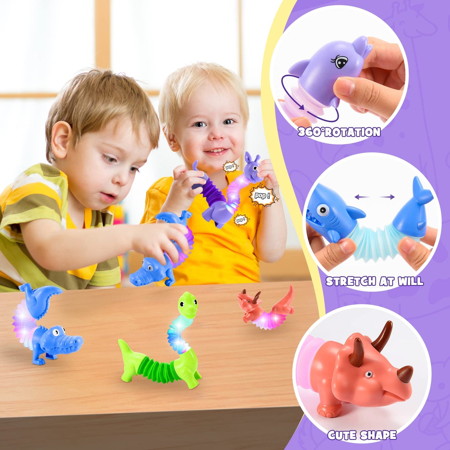 Delighkidz 6-Pack LED Animal Pop Tubes - Sensory Fidget Toys for Toddlers Aged 3-8