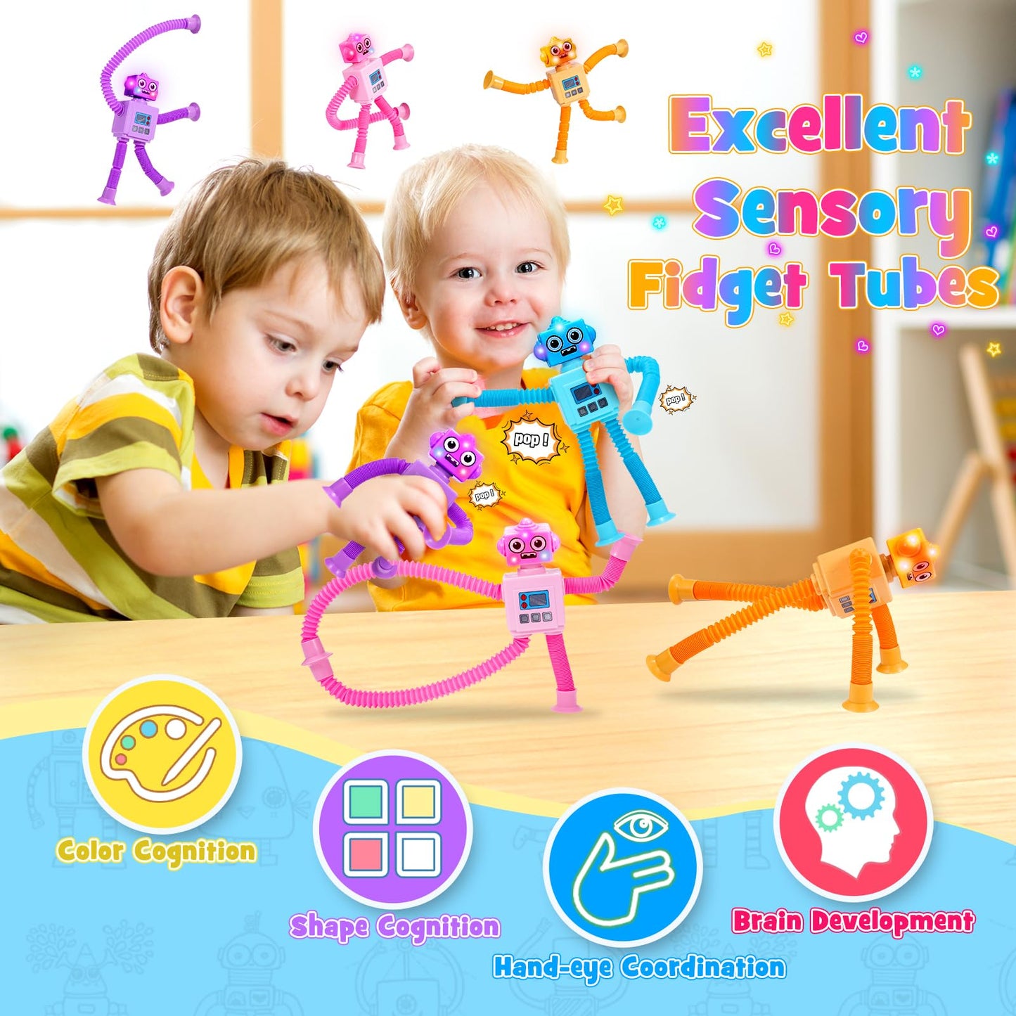 Delighkidz Robot Fidget Toys - 4-Pack LED Pop Tubes with Suction Cups