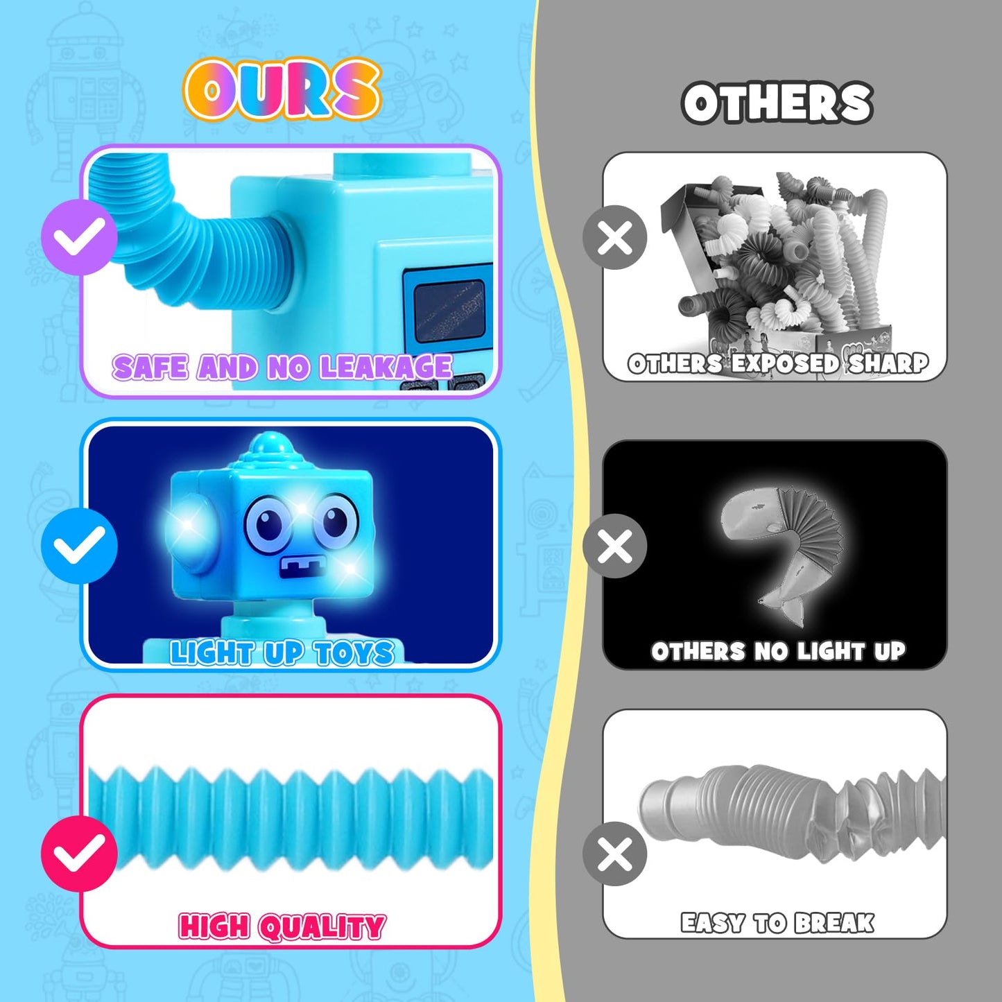 Delighkidz Robot Fidget Toys - 4-Pack LED Pop Tubes with Suction Cups