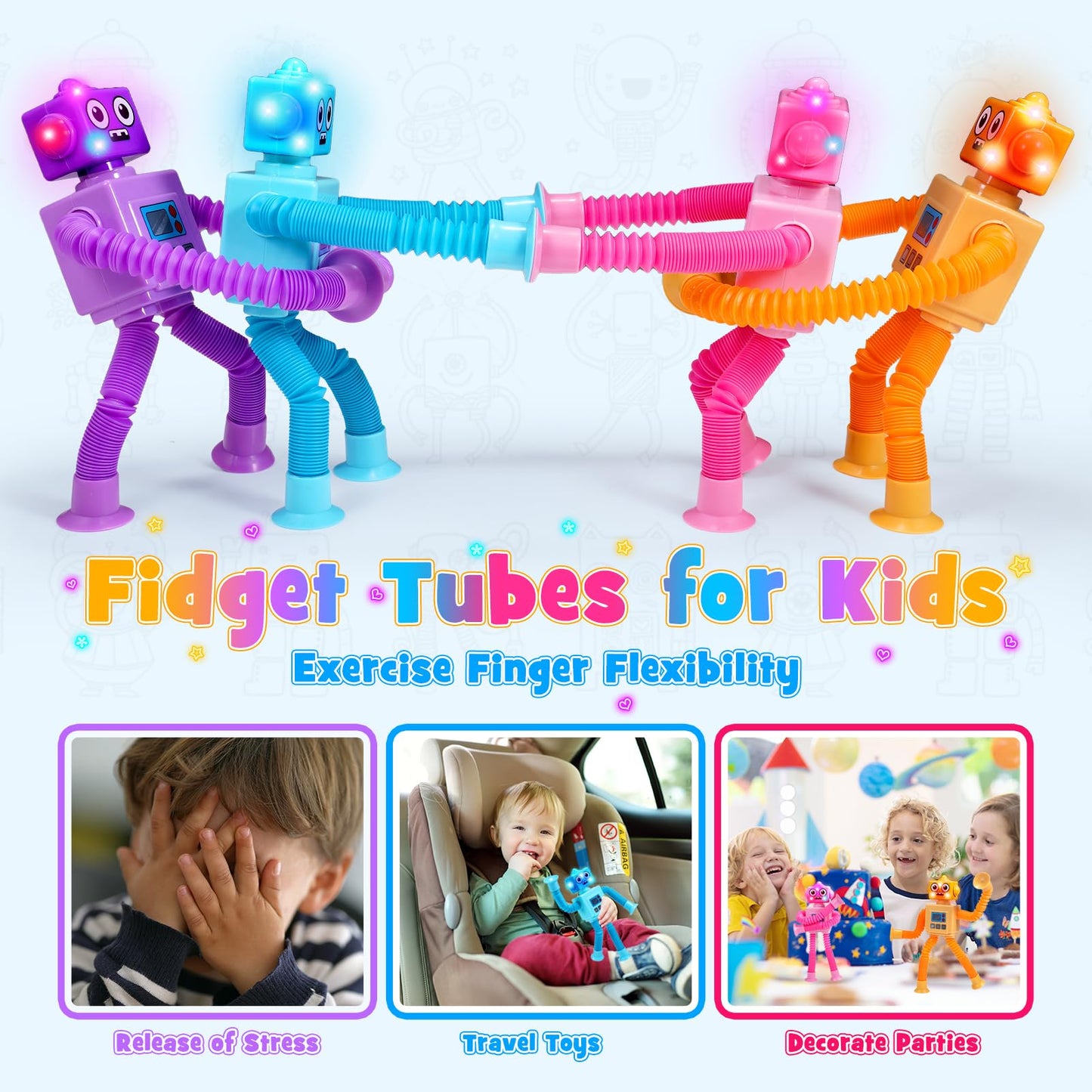 Delighkidz Robot Fidget Toys - 4-Pack LED Pop Tubes with Suction Cups