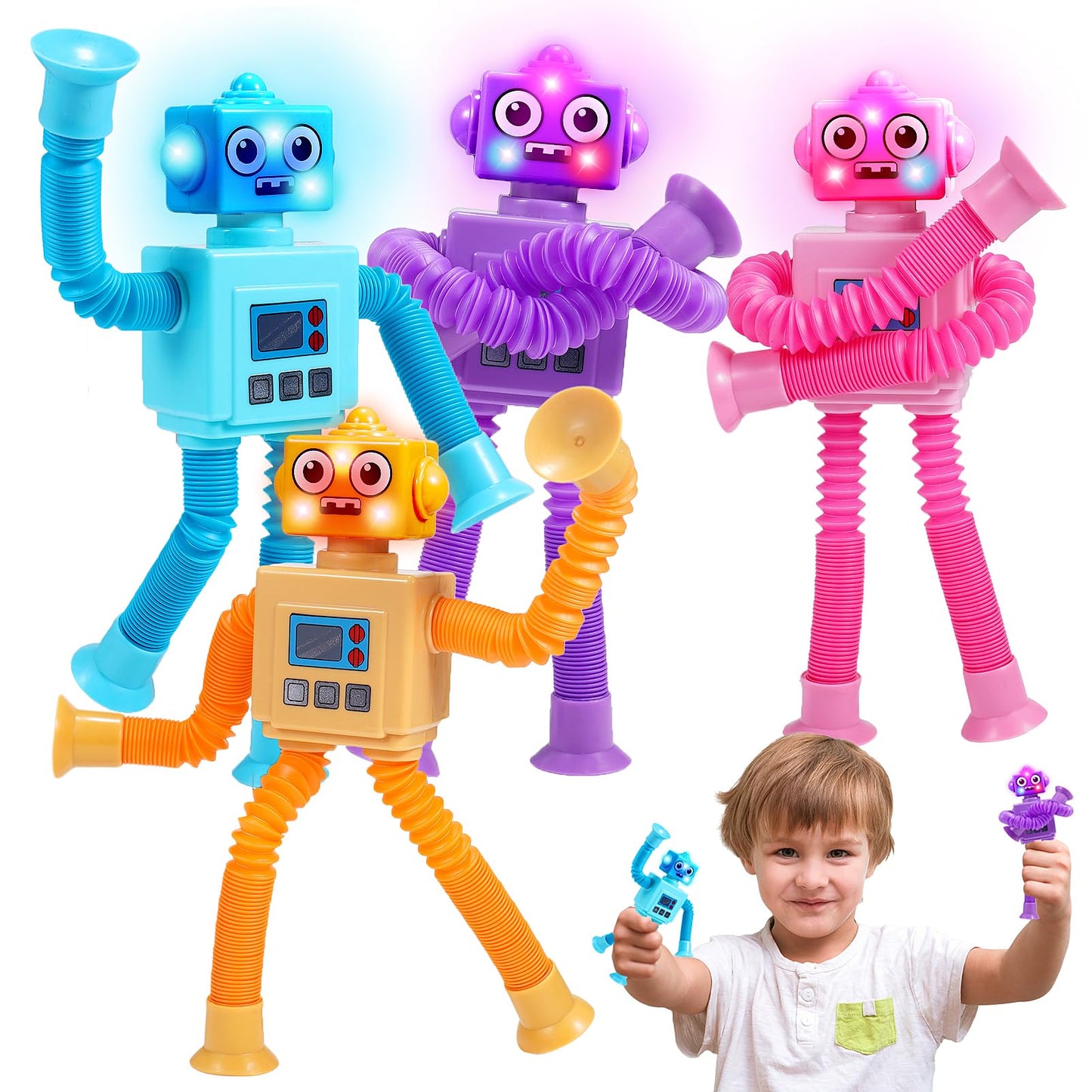Delighkidz Robot Fidget Toys - 4-Pack LED Pop Tubes with Suction Cups