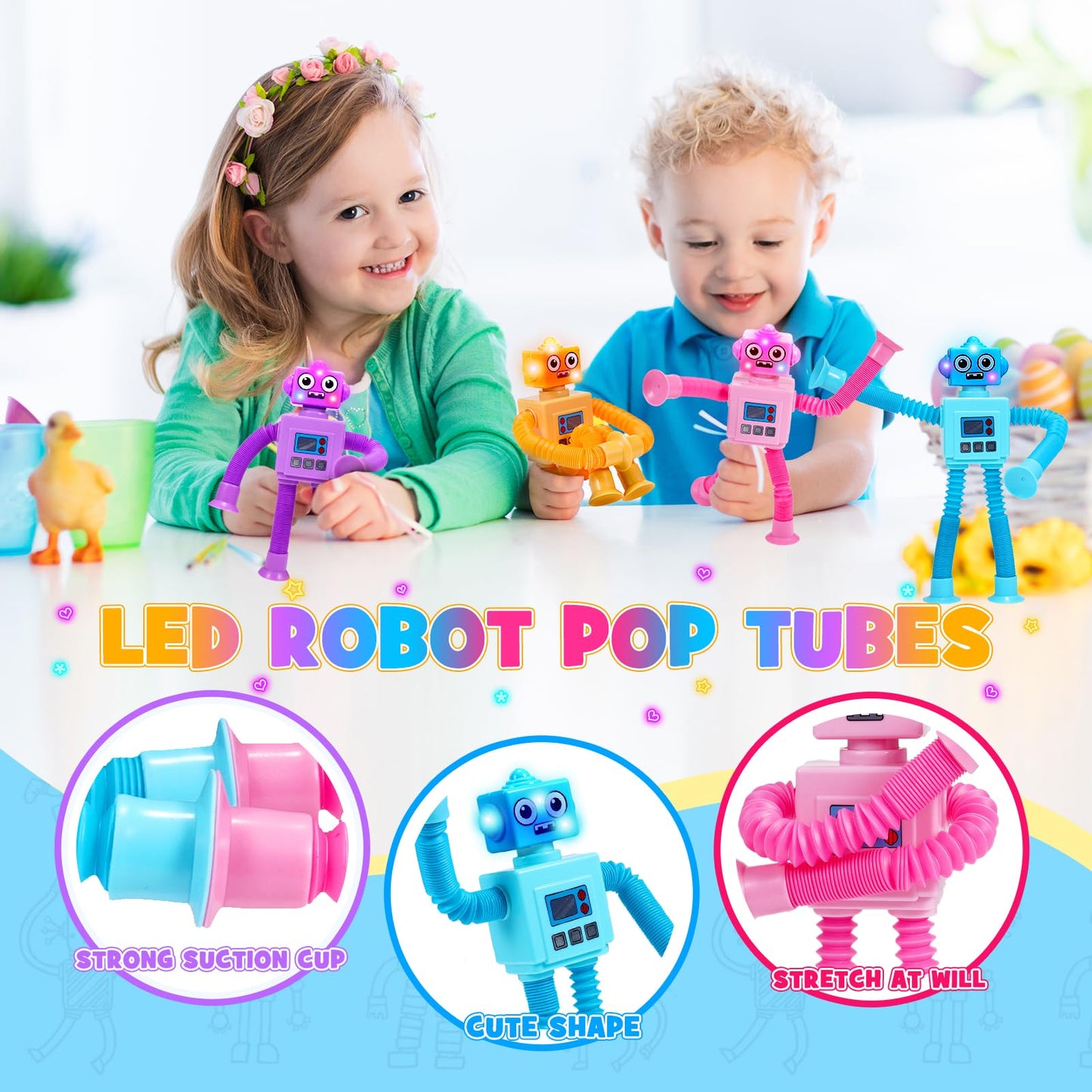 Delighkidz Robot Fidget Toys - 4-Pack LED Pop Tubes with Suction Cups