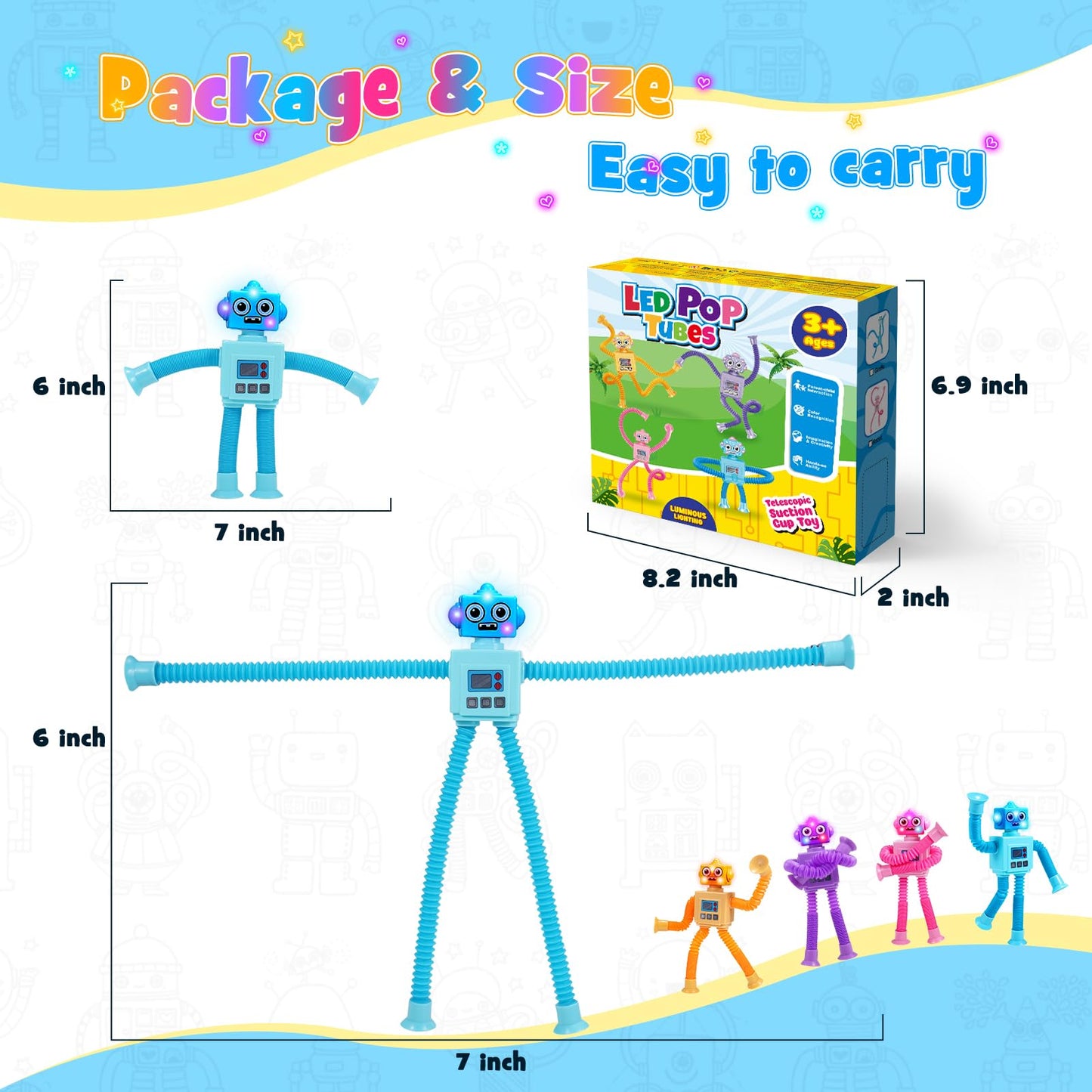 Delighkidz Robot Fidget Toys - 4-Pack LED Pop Tubes with Suction Cups