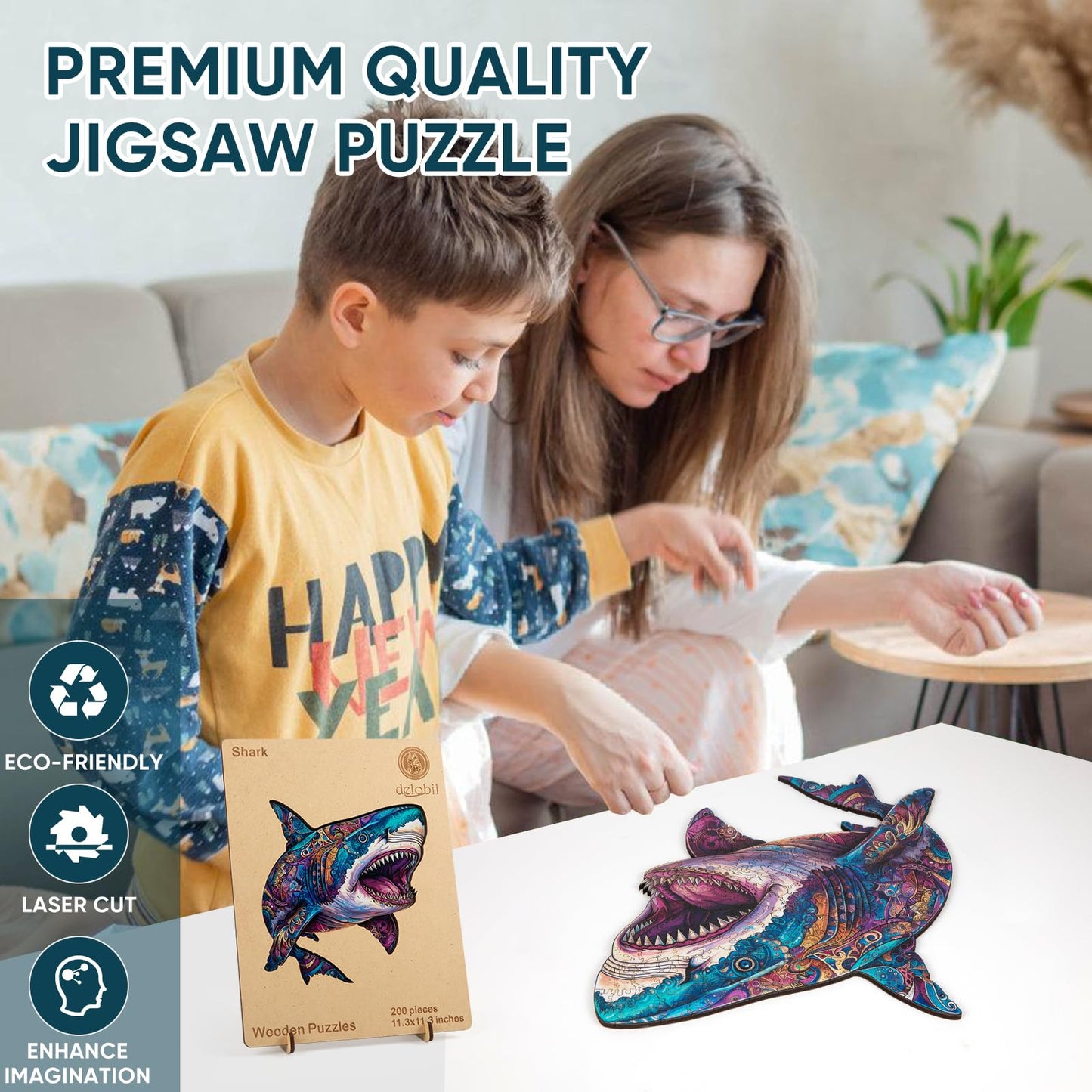 Delobil Shark Jigsaw Puzzle – 500 Pieces, Unique Wooden Shapes, Royal Box (17.3 x 17.4 in)