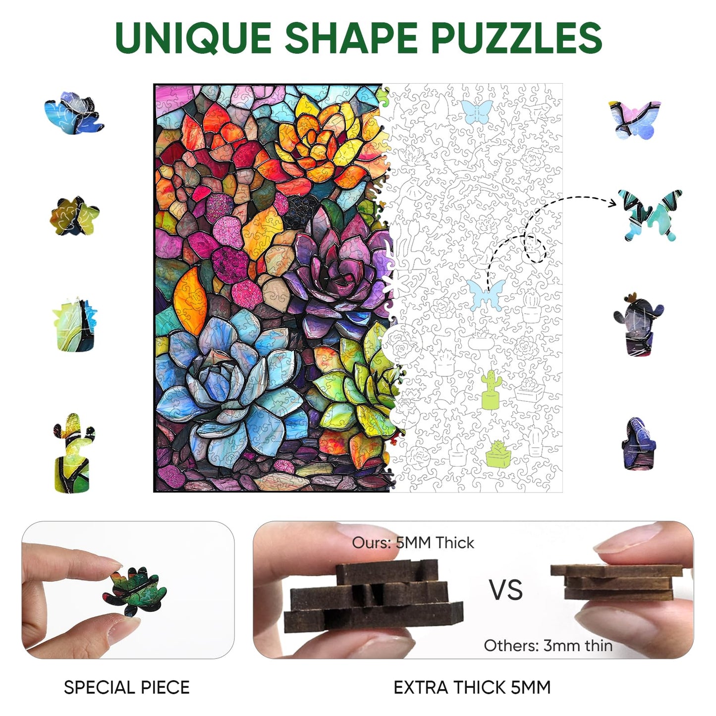 Delobil Stained Glass Puzzle – 500 Pieces, Succulent Wooden Jigsaw with Unique Shapes