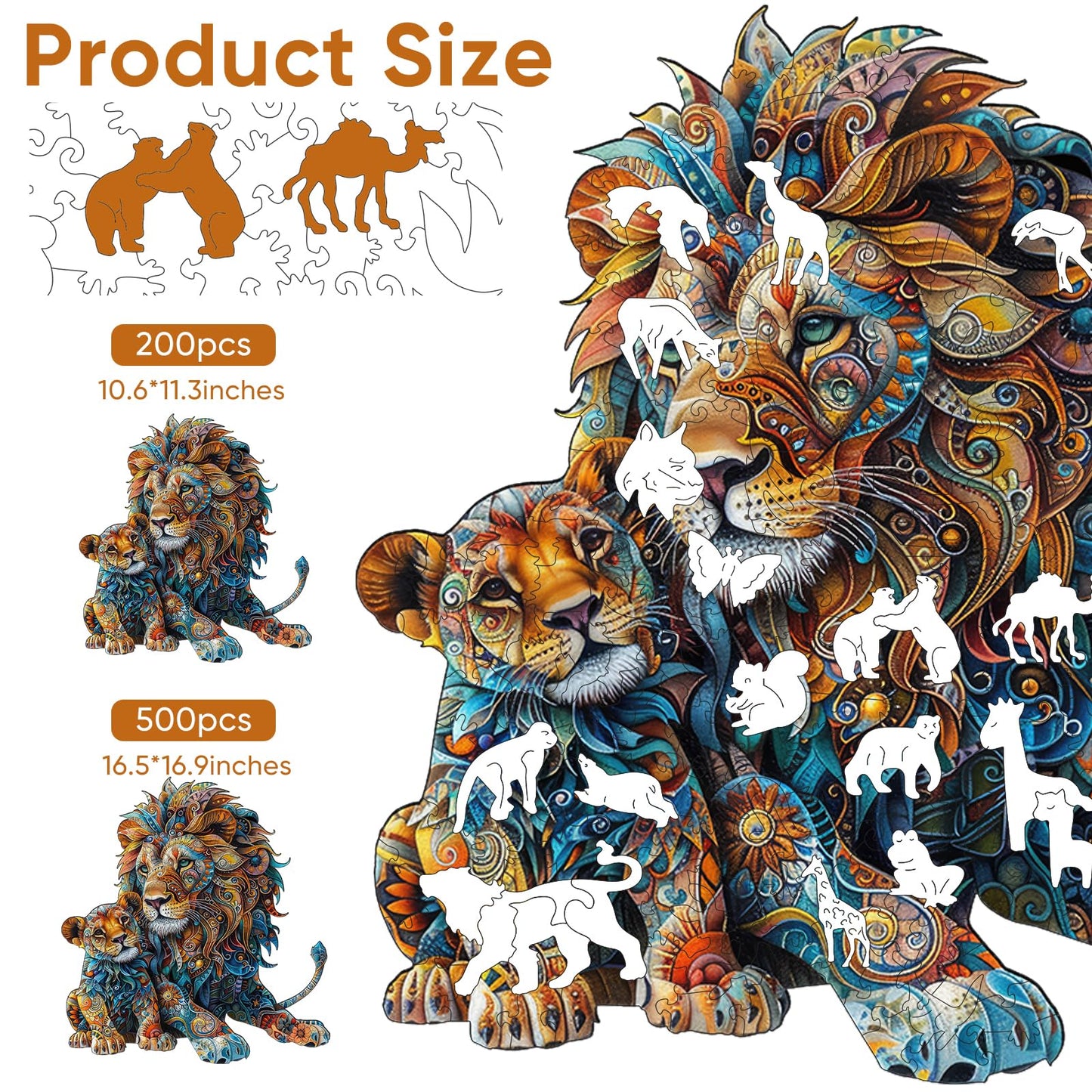 Delobil Lion Family Wooden Puzzle – 200-Piece Unique Shapes for Adults & Kids (10.6 x 11.3 in)