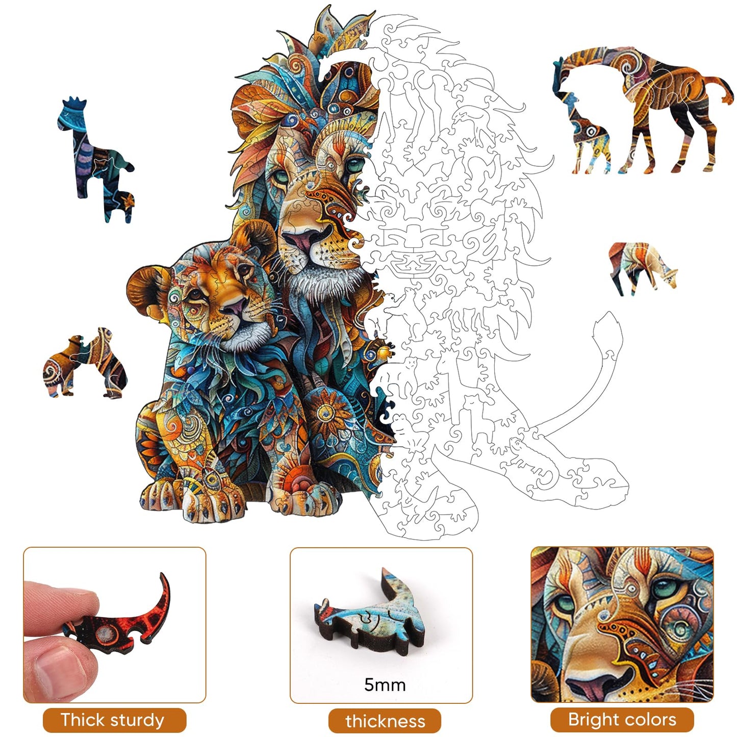 Delobil Lion Family Wooden Puzzle – 200-Piece Unique Shapes for Adults & Kids (10.6 x 11.3 in)