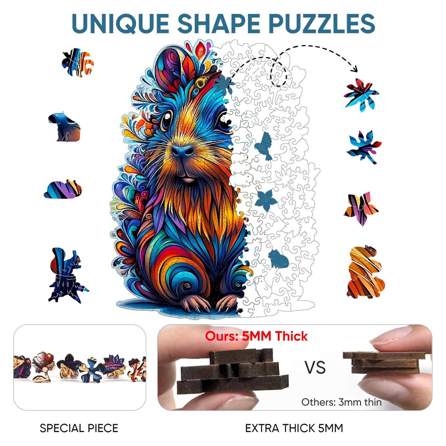 Delobil Capybara 200-Piece Wooden Puzzle for Adults – 5mm Thick, Unique Shape, Family Gift