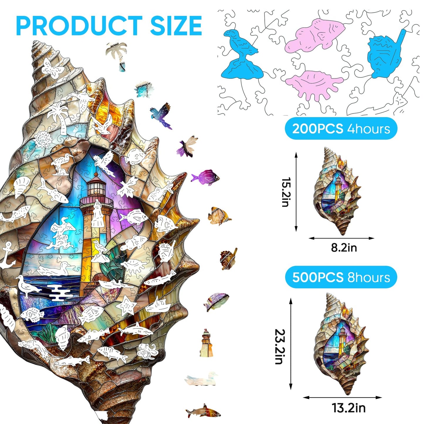 Delobil Shell Landscape 500-Piece Wooden Puzzle – Unique Coastal Design (23.2 x 13.2 in)