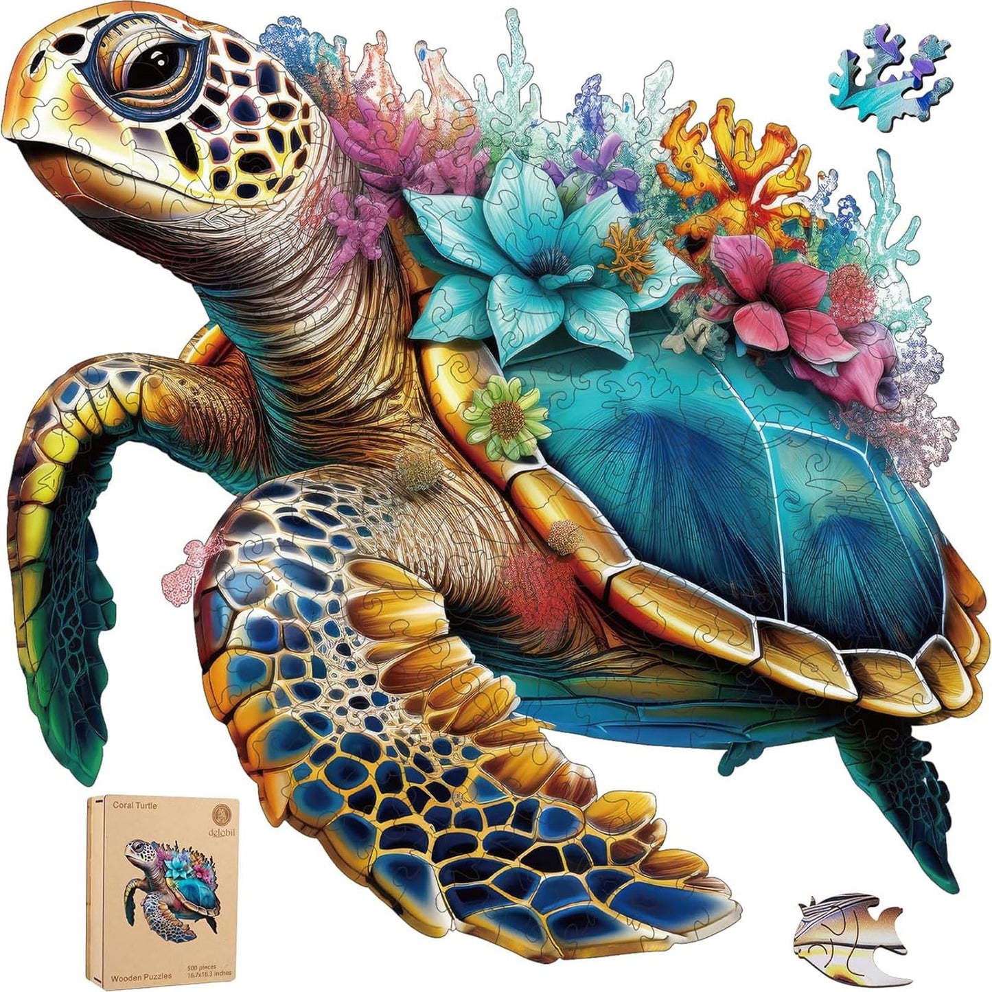 Delobil Coral Sea Turtle 500-Piece Wooden Puzzle – Unique Shapes