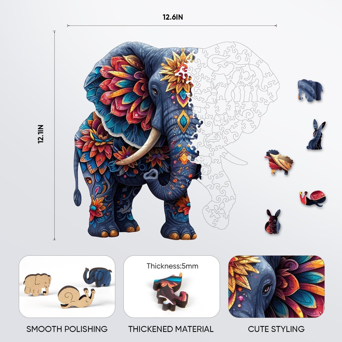 Delobil Elephant Wooden Jigsaw Puzzle – 300 Pieces in a Wooden Box | Unique Shape & Durable Craft