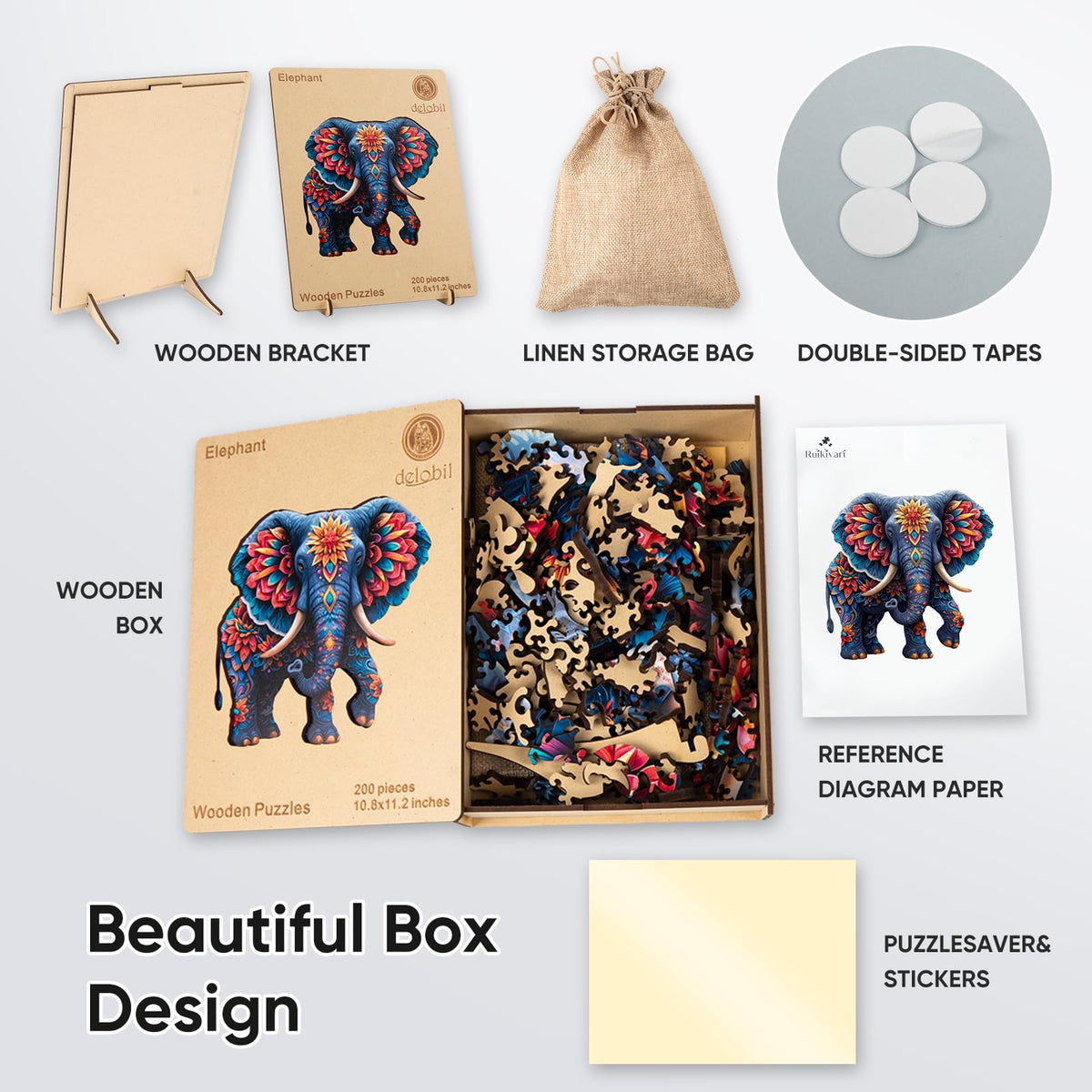 Delobil Elephant Wooden Jigsaw Puzzle – 500 Pieces, Unique Irregular Shape, Royal Size 17.6 in x 12.1 in