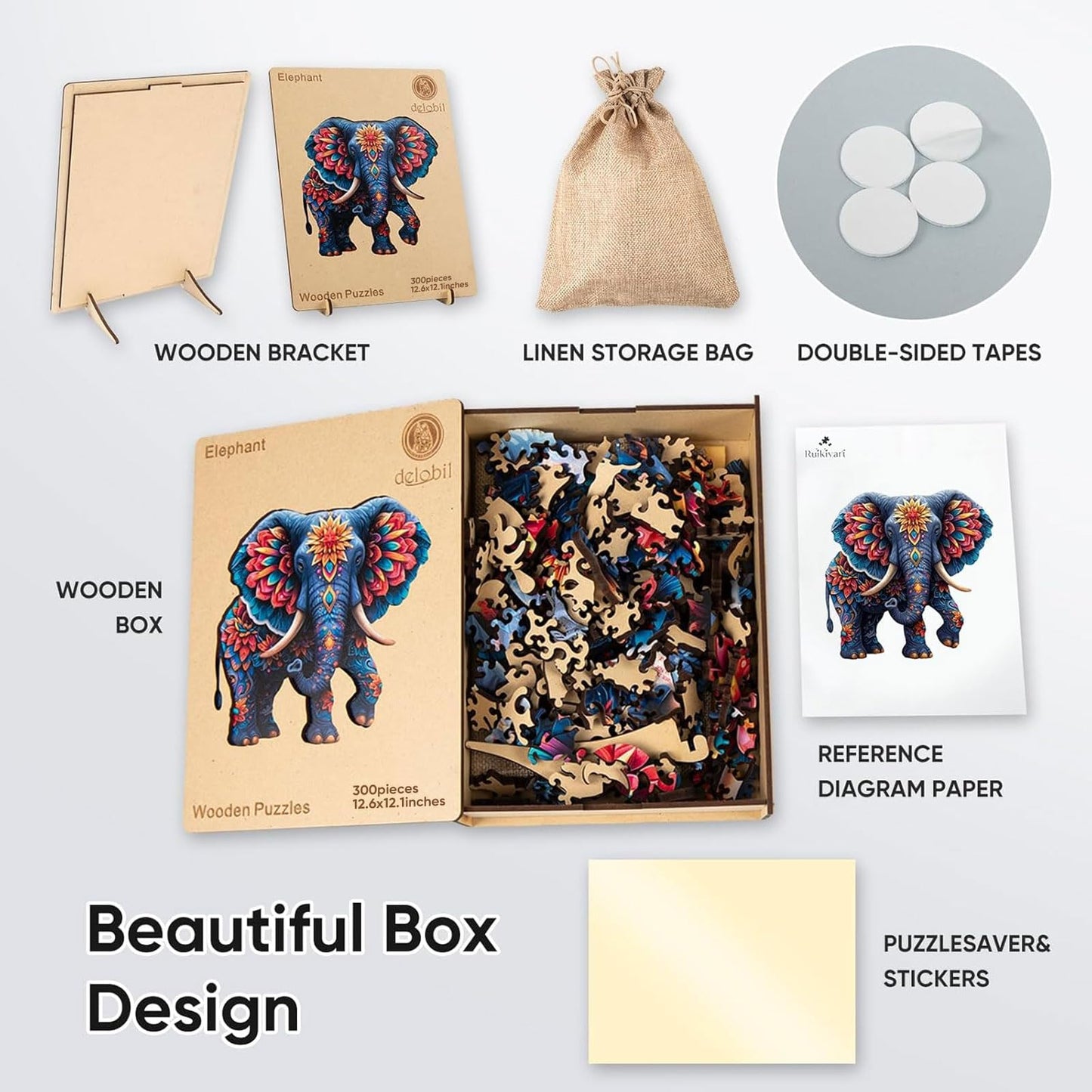 Delobil Elephant Wooden Jigsaw Puzzle – 300 Pieces in a Wooden Box | Unique Shape & Durable Craft
