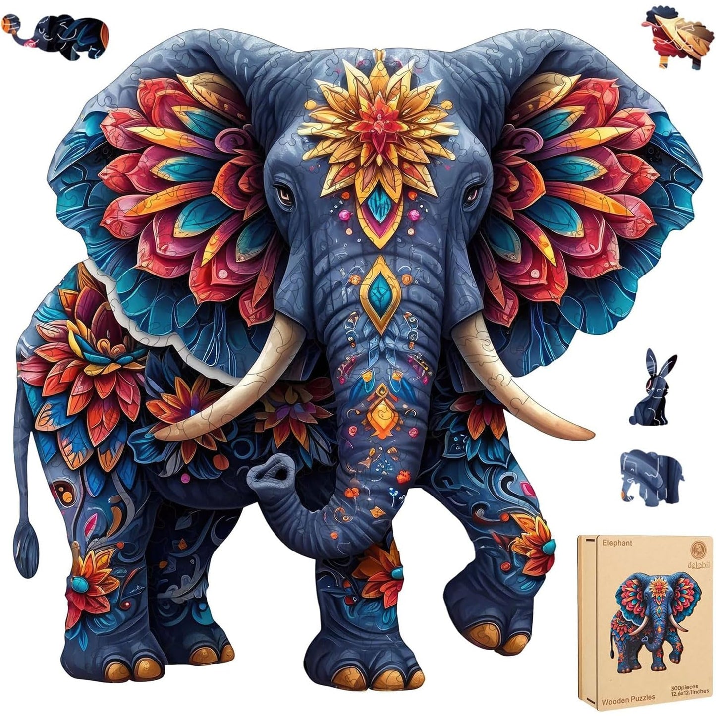 Delobil Elephant Wooden Jigsaw Puzzle – 300 Pieces in a Wooden Box | Unique Shape & Durable Craft