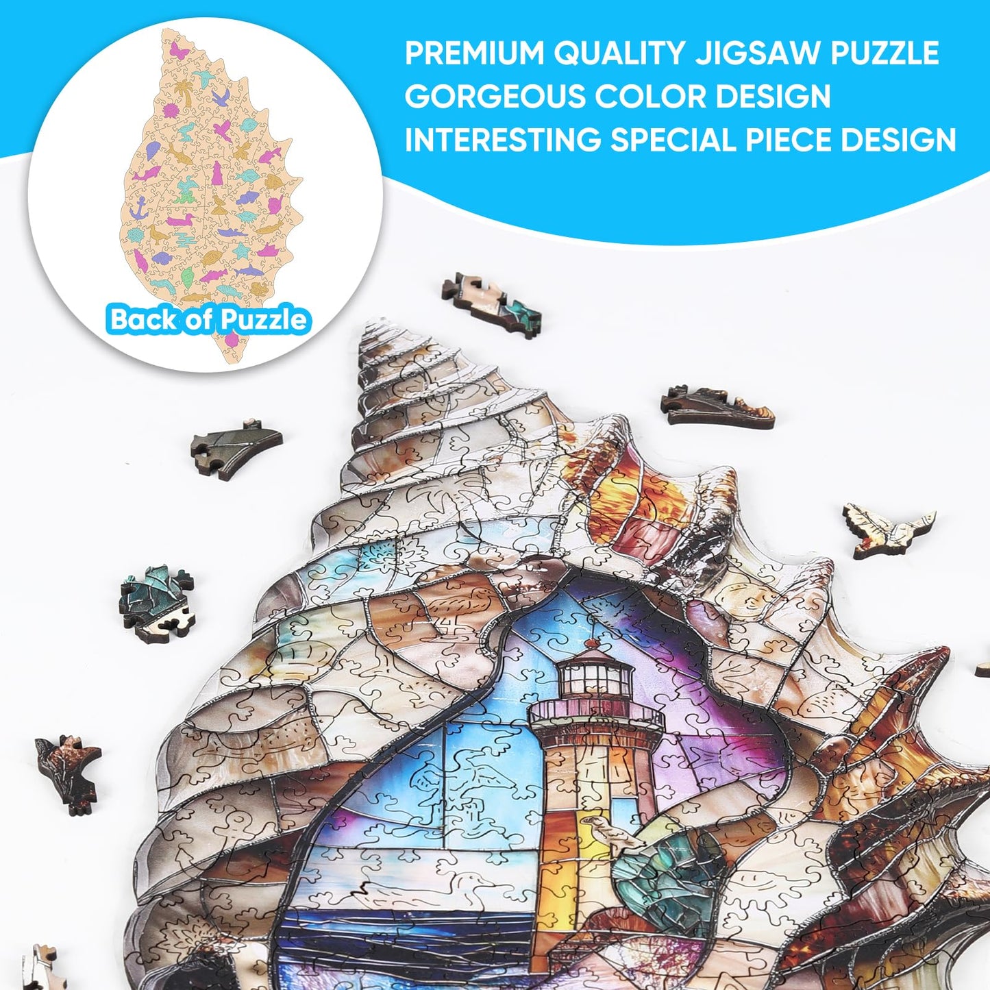 Delobil Shell Landscape 500-Piece Wooden Puzzle – Unique Coastal Design (23.2 x 13.2 in)