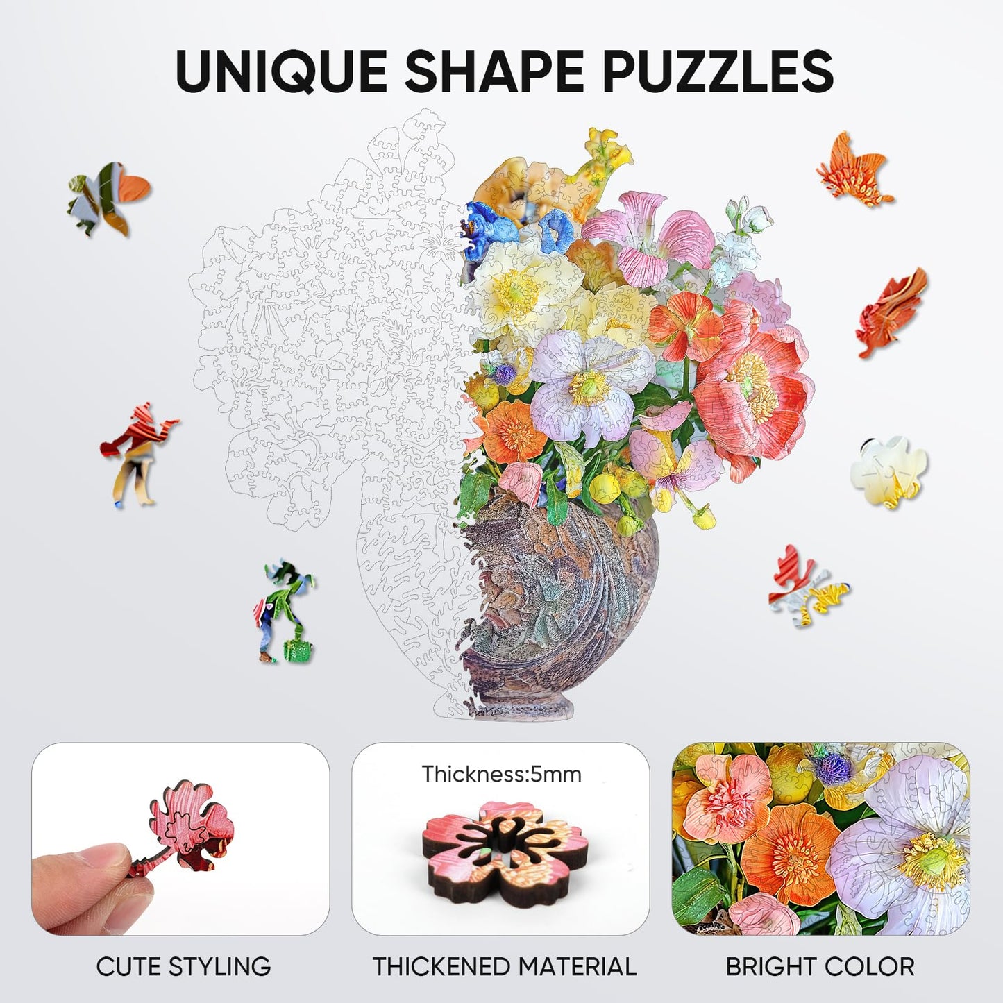 Delobil Flower Wooden Puzzles for Adults — 200-Piece Vase Jigsaw (11" x 11.3"), Unique Shape, Gift for Mom & Family