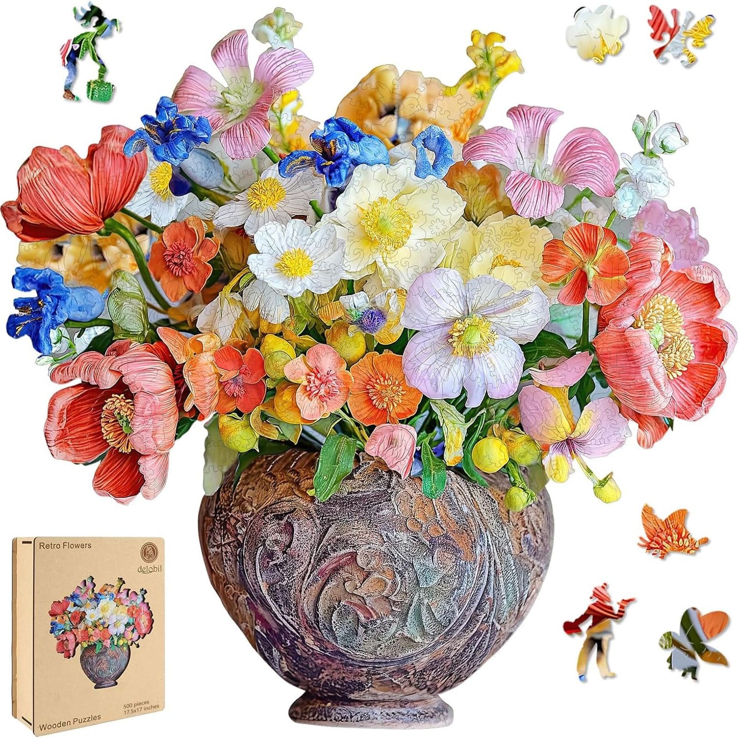 Delobil Flower Wooden Puzzle Vase – 500-Piece Unique Shape Jigsaw (17.5 x 17 in)