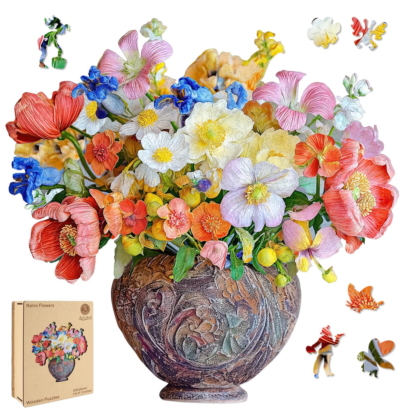 Delobil Flower Wooden Puzzles for Adults — 200-Piece Vase Jigsaw (11" x 11.3"), Unique Shape, Gift for Mom & Family