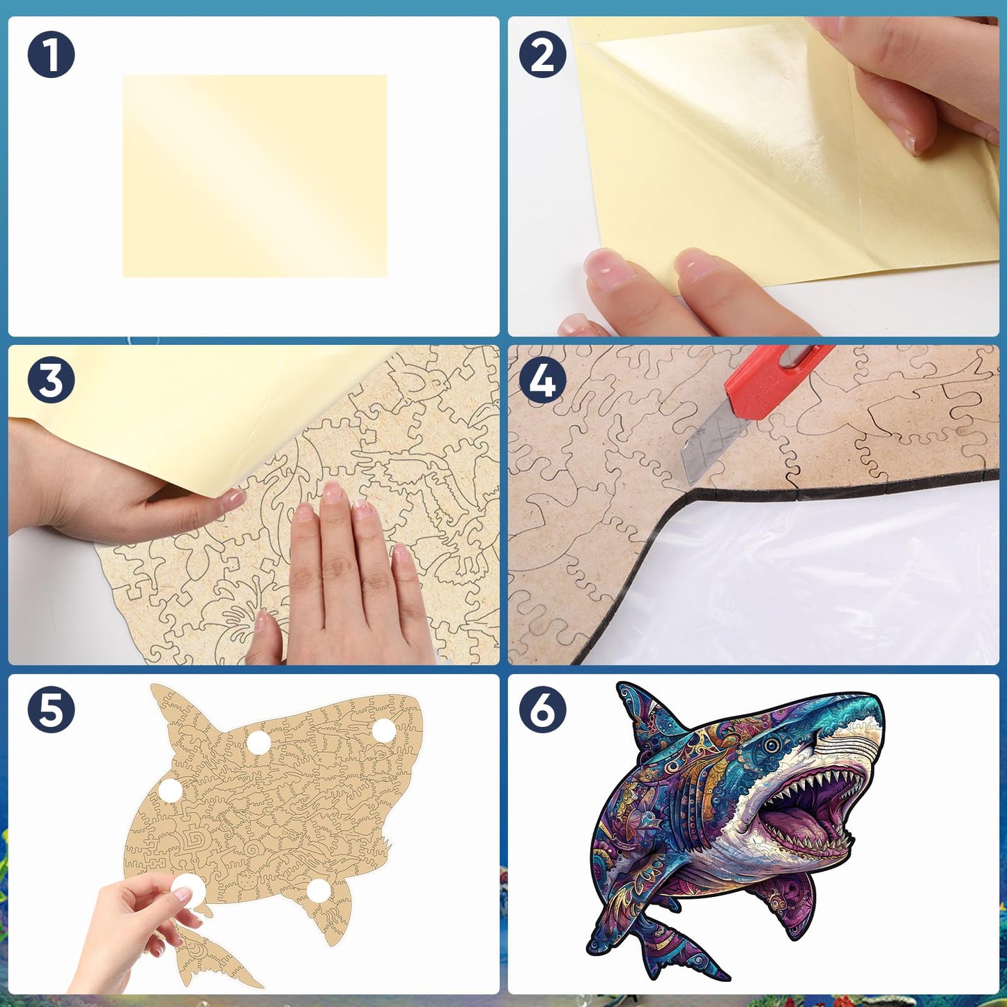 Delobil Shark Jigsaw Puzzle – 500 Pieces, Unique Wooden Shapes, Royal Box (17.3 x 17.4 in)