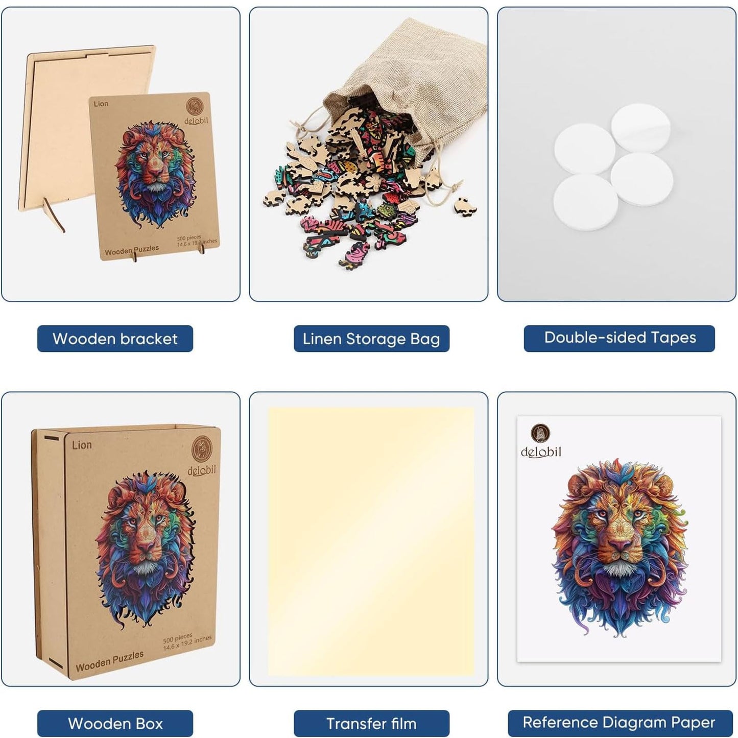 Delobil Lion 500-Piece Wooden Puzzle – Unique Shape Jigsaw, Royal Size 15.2 x 16.9 inches