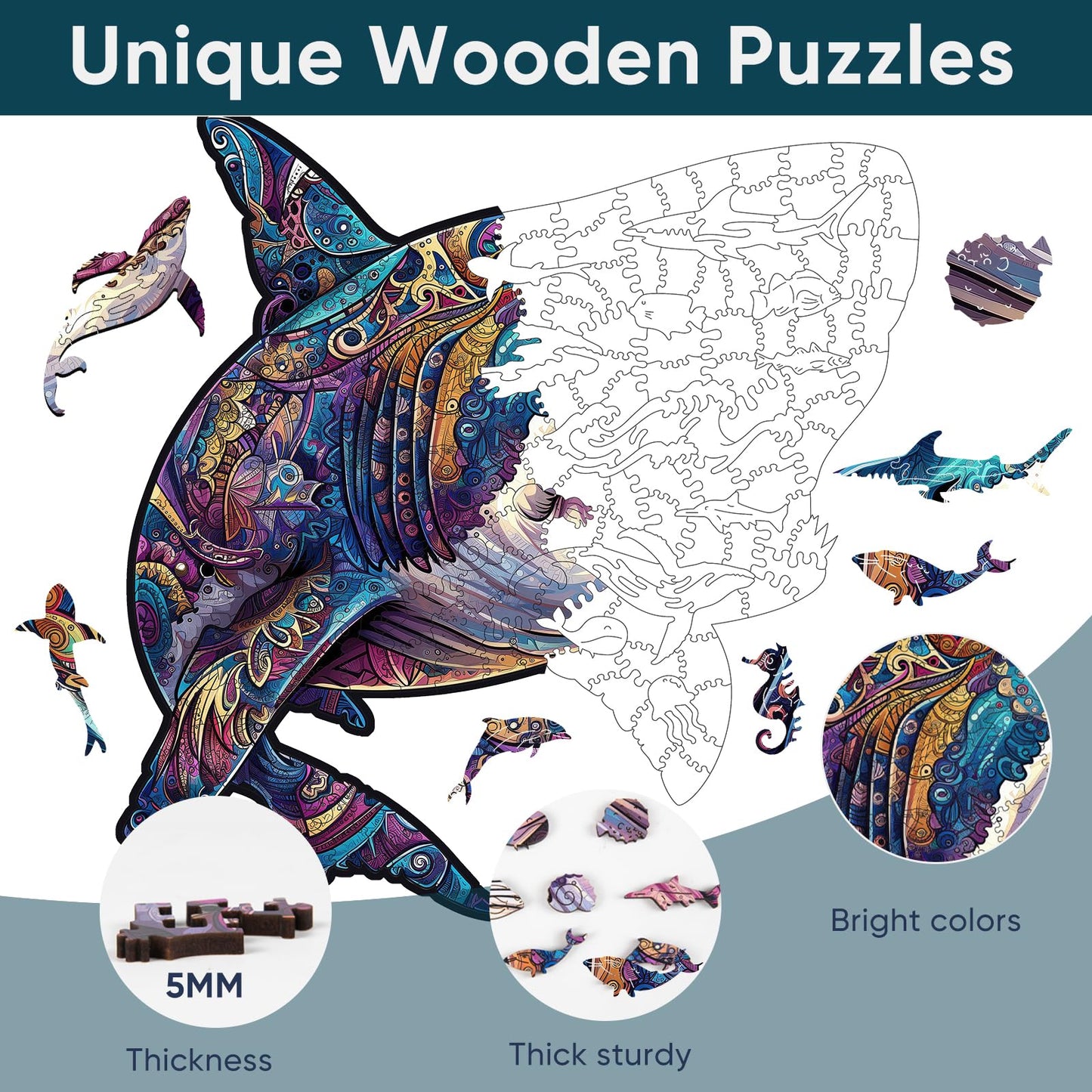Delobil Shark Jigsaw Puzzle – 500 Pieces, Unique Wooden Shapes, Royal Box (17.3 x 17.4 in)