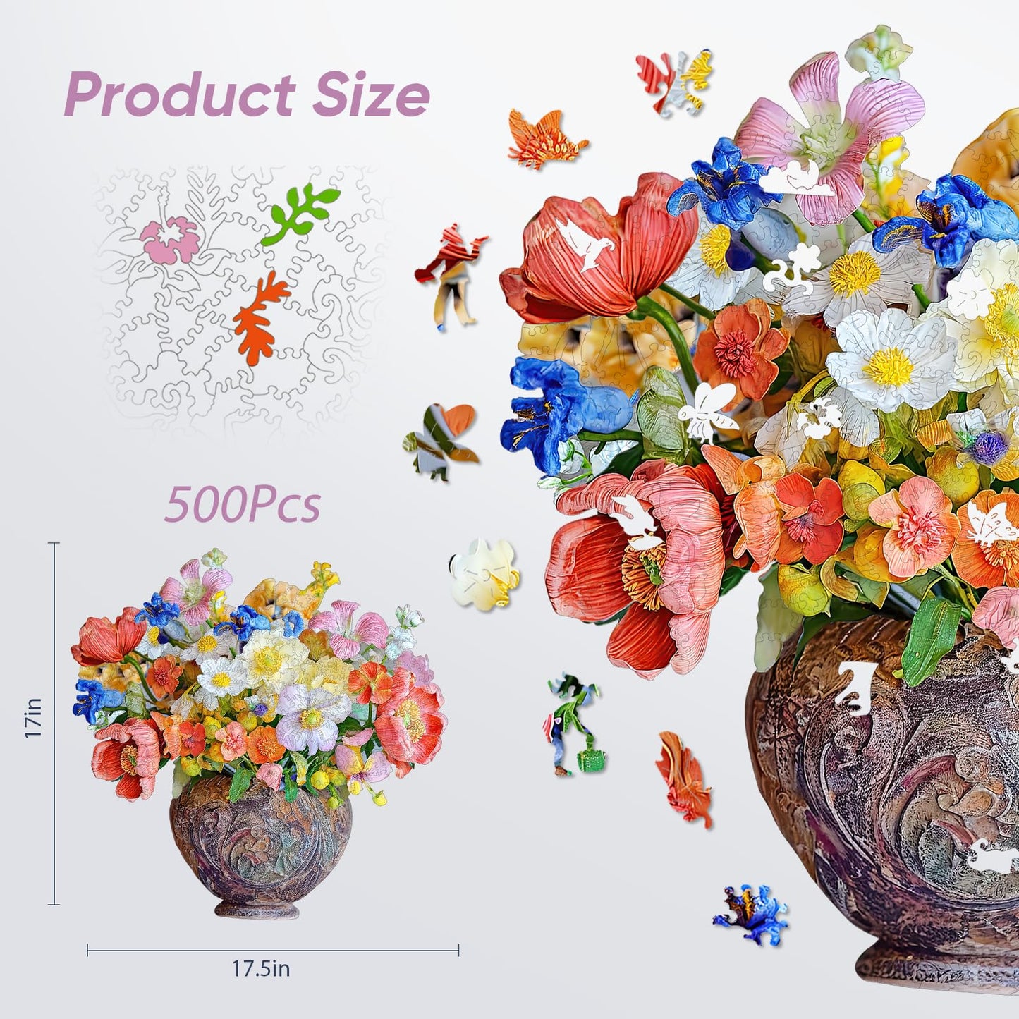 Delobil Flower Wooden Puzzle Vase – 500-Piece Unique Shape Jigsaw (17.5 x 17 in)