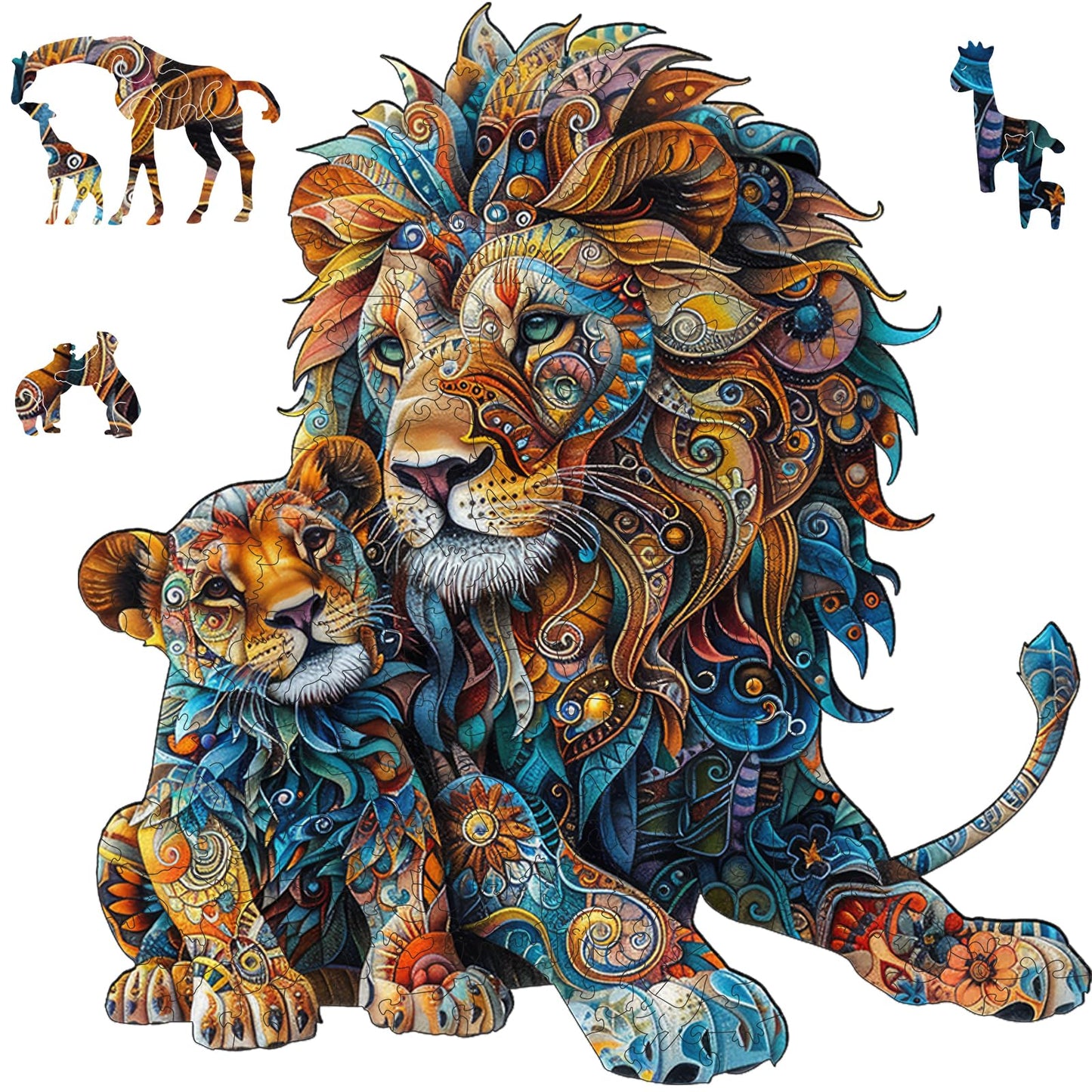 Delobil Lion Family Wooden Puzzle – 200-Piece Unique Shapes for Adults & Kids (10.6 x 11.3 in)
