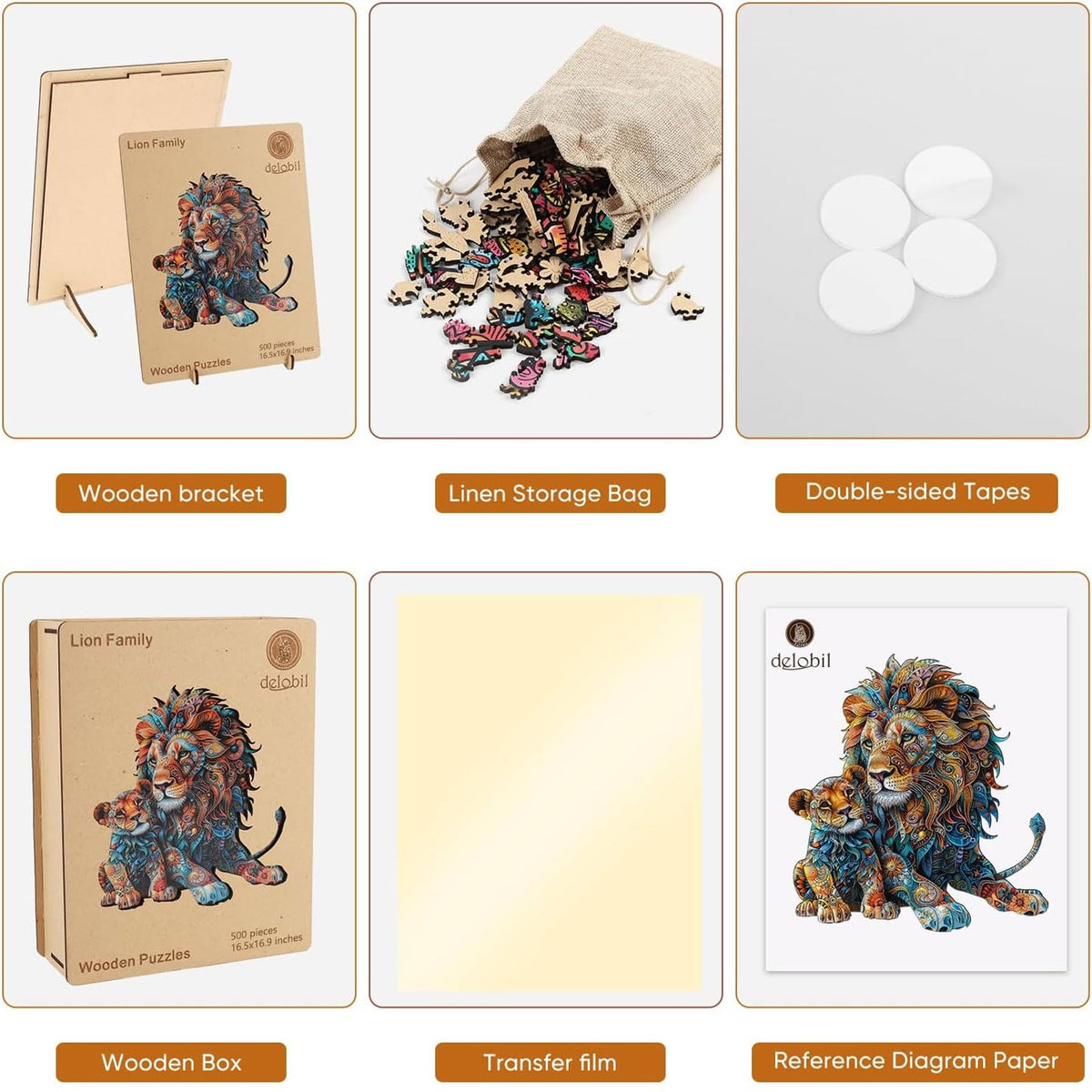 Delobil Lion Family Wooden Puzzle — 500-Piece Unique Shape Jigsaw (Royal Size 16.5 x 16.9 in)